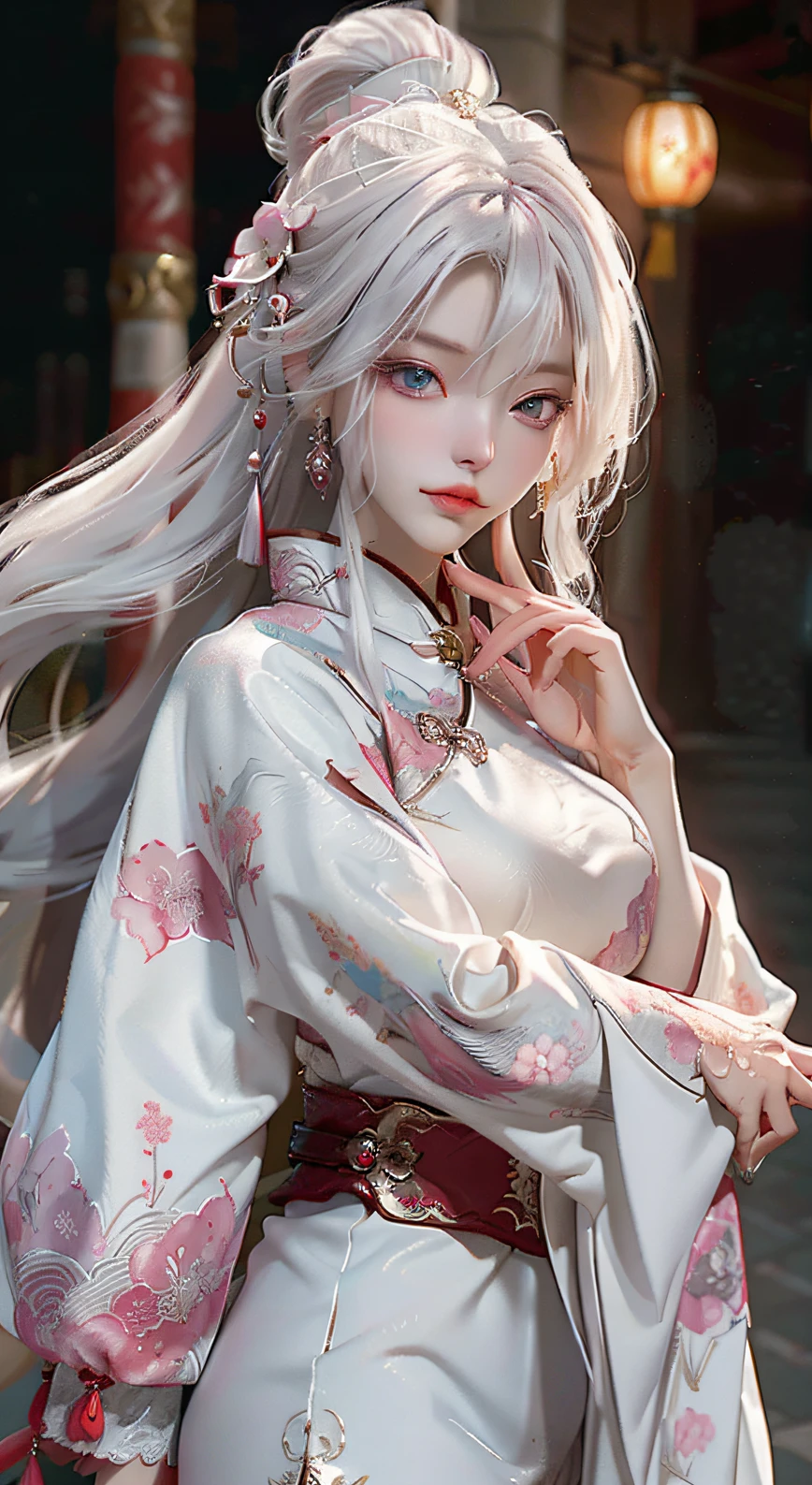 Masterpiece, Best, Night, Full Moon, 1 Female, Mature Woman, Chinese Style, Ancient China, Elder Sister, Royal Sister, Cold Face, Expressionless, Silver White Long Haired Woman, Pale Pink Lips, Calm, Intellectual, Three Belts, Gray Hitomi, Assassin, Dagger, Flower Ball Background, Strolling Street Masterpiece, Best, Night, Full Moon, 1 Female, Mature Woman, Chinese Style, Ancient China, Elder Sister, Royal Sister, Cold Face, Expressionless, Silver White Long Haired Woman, Pale pink lips, calm, intellectual, three belts, gray pupils, assassin, dagger, flower ball background, street view, white-haired catwoman, Hanfu, cat ears, cat tail, clear purple eyes
