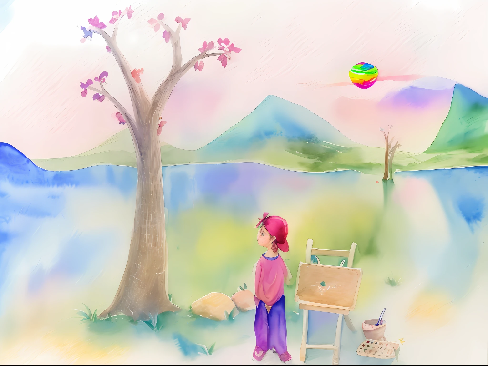 Draw a girl standing in front of a tree with a bench, nature painting, watercolour on paper, based on child's drawing, watercolor paiting, Fati Hassan, Ismail Akar, paiting, water color art on paper, author：Maryam Hashemi, watercolor paiting, traditional art, author：Alice Lahoun, color drawing, kids drawing