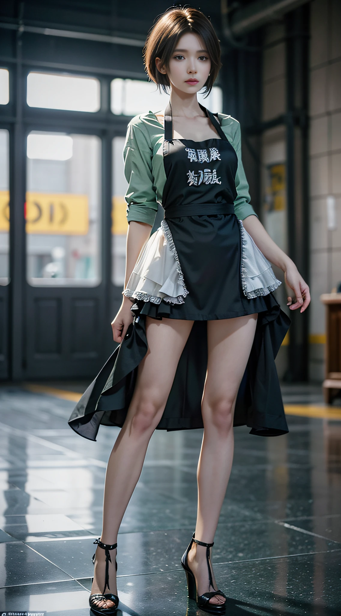 Realistis,tmasterpiece,Best quality at best,Dark theme,best qualtiy,超高分辨率,(Realiy感),(Realistic faces:1.4)(Detailed eyes:1.4),(Realiy,Realiy感:1.4),RAW candid movie for models, (Pale green shirt), Yellow apron, (high-heels), (Mohawk haircut), Full body shot, In the runway show, Best quality, Extremely detailed, Cinematic lighting, Conex V2