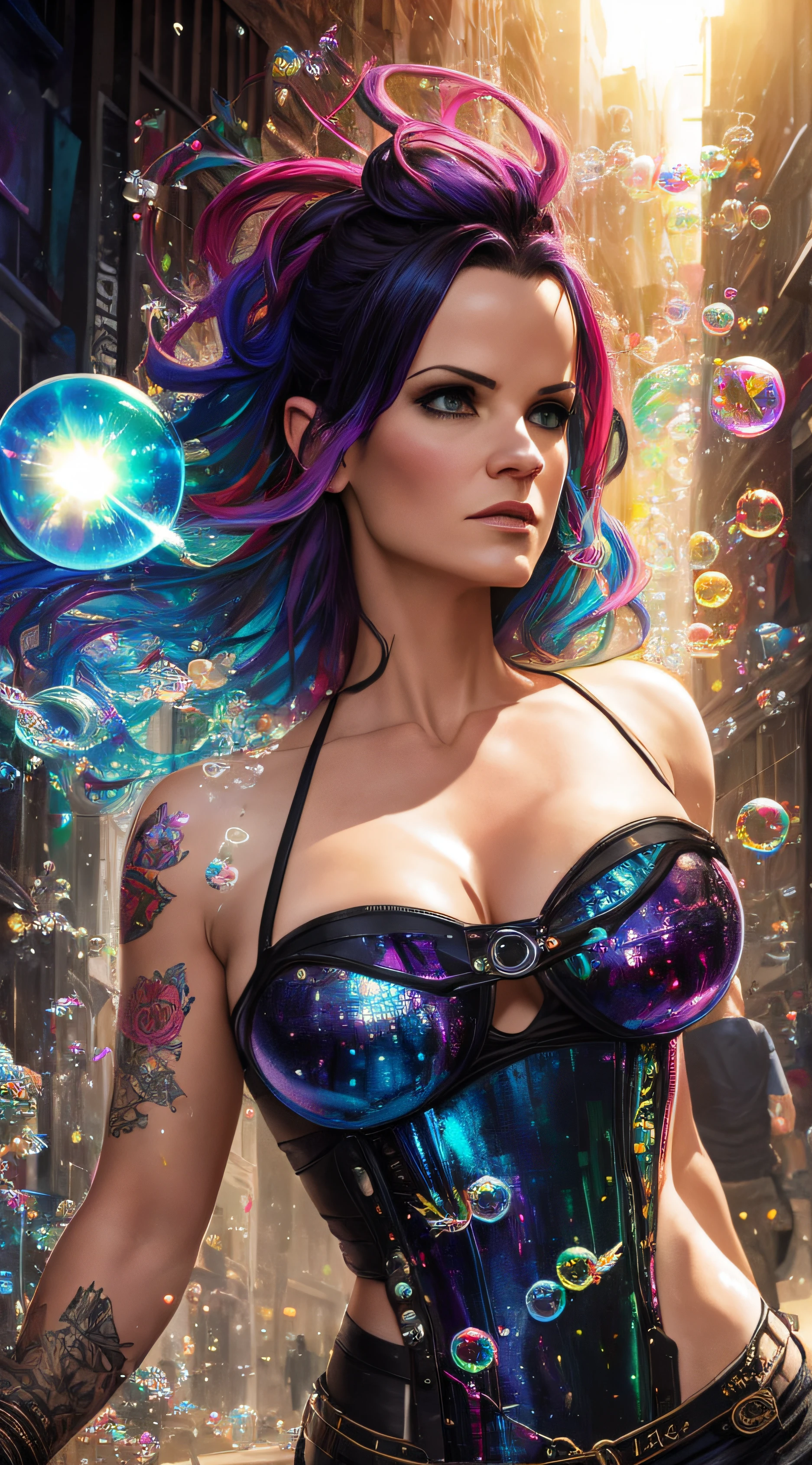 (estilo snthwve:1) (Nvinkpunk:0.7) Carla Gugino as sandman delirium, (mind-blowing colored soap bubbles), Directed by: Jeremy Mann, Por Sandra Chevrier, Por Dave McKean e Richard Avedon e Maciej Kuciara, Punk rock, menina do tanque, High detail, 8k, foco nítido, natural lighting, subsurface dispersion, f2, 35 mm, filmic grain --auto