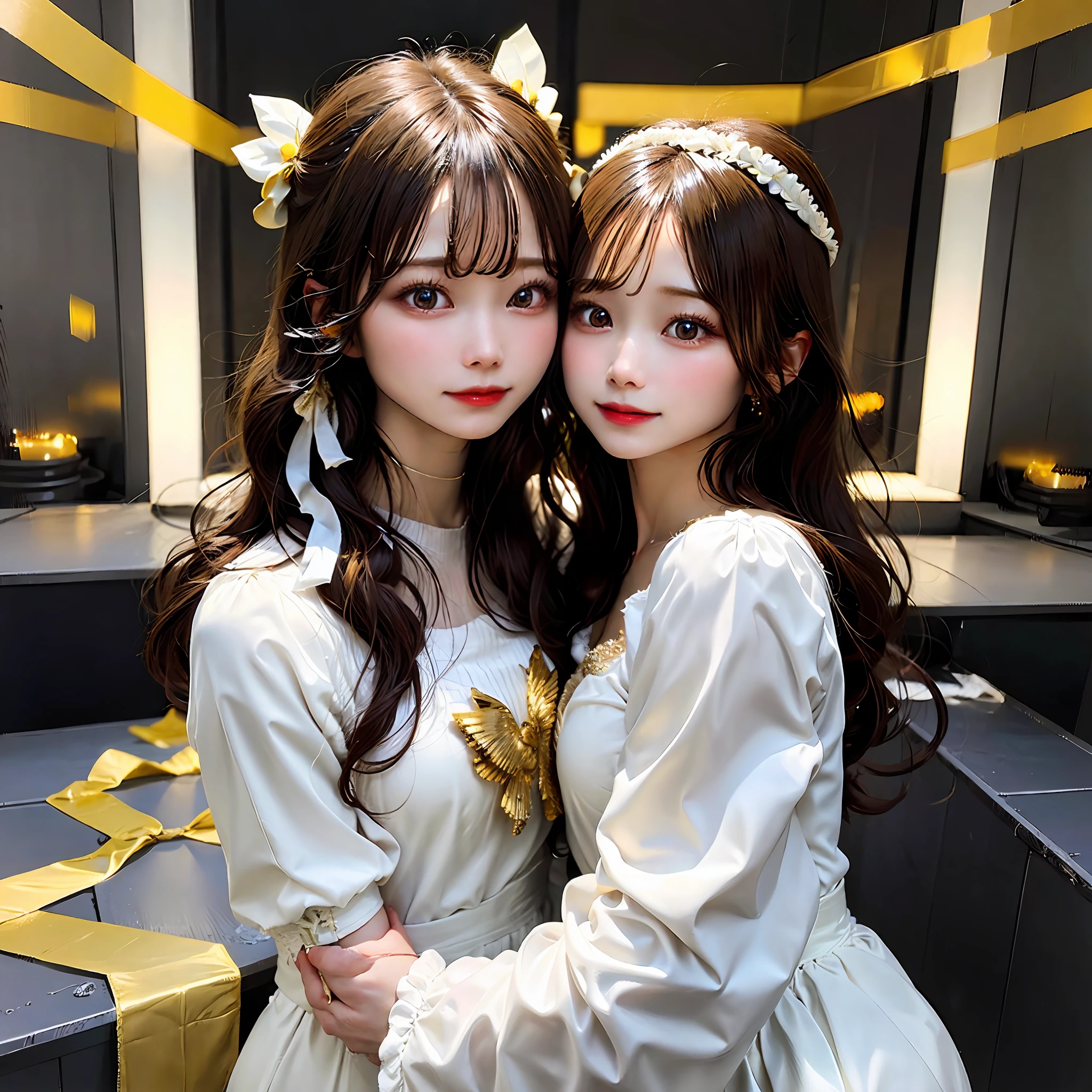 Goddess Venus and Cupid ,white clothes,Gold streamers,Warm yellow tones。Refined face,The light effect is soft。