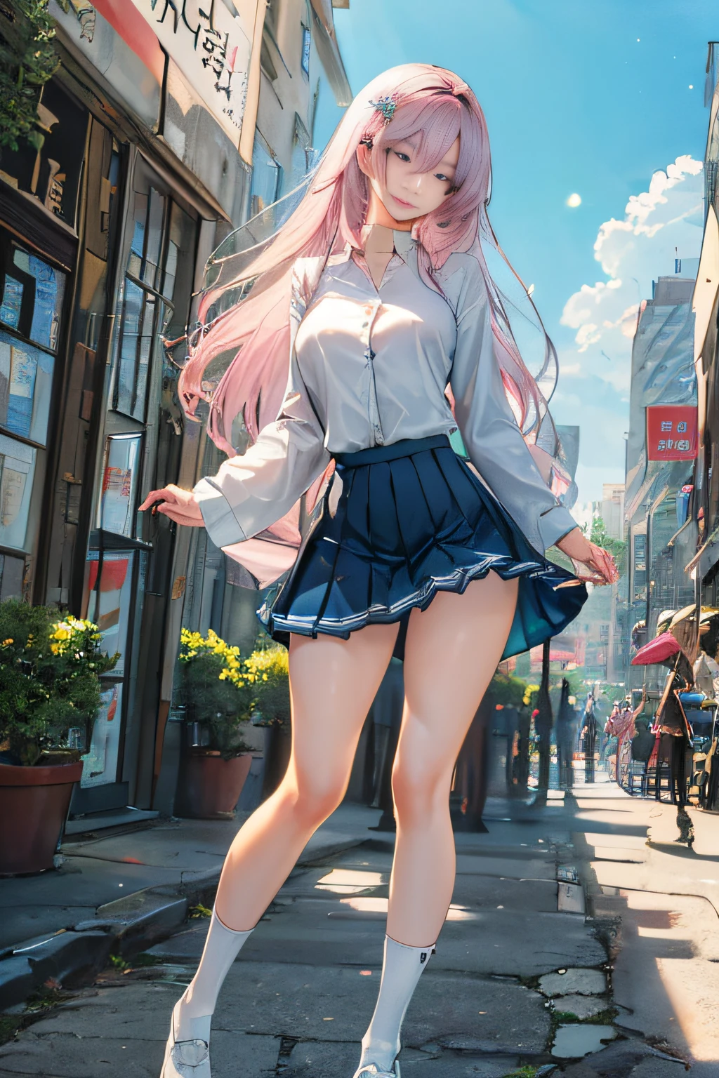 official art, masterpiece, sharp focus, (beautiful gorgeous cute Korean woman:1.3), (beautiful cute korean:1.3), korean beauty, Delicate and beautiful hair and eyes and face, realistic, ultra detailed, beautiful girl, blue sky, glow white particle, (sidelighting:1.2), sun light, white cloud, detailed clouds, slender, Lovely very large breasts and very large hips, smile with teeth, ((smile with eyes, open both eyes)), scenery, long straight hair, sexy facial expression, building, (cityscape:1.7), dynamic hair, long straight hair, detailed platinum pink hair, glow blue eyes, (blue pleated shirts + white skirt), white long socks, pale skin, hair ornament, epic scenery,