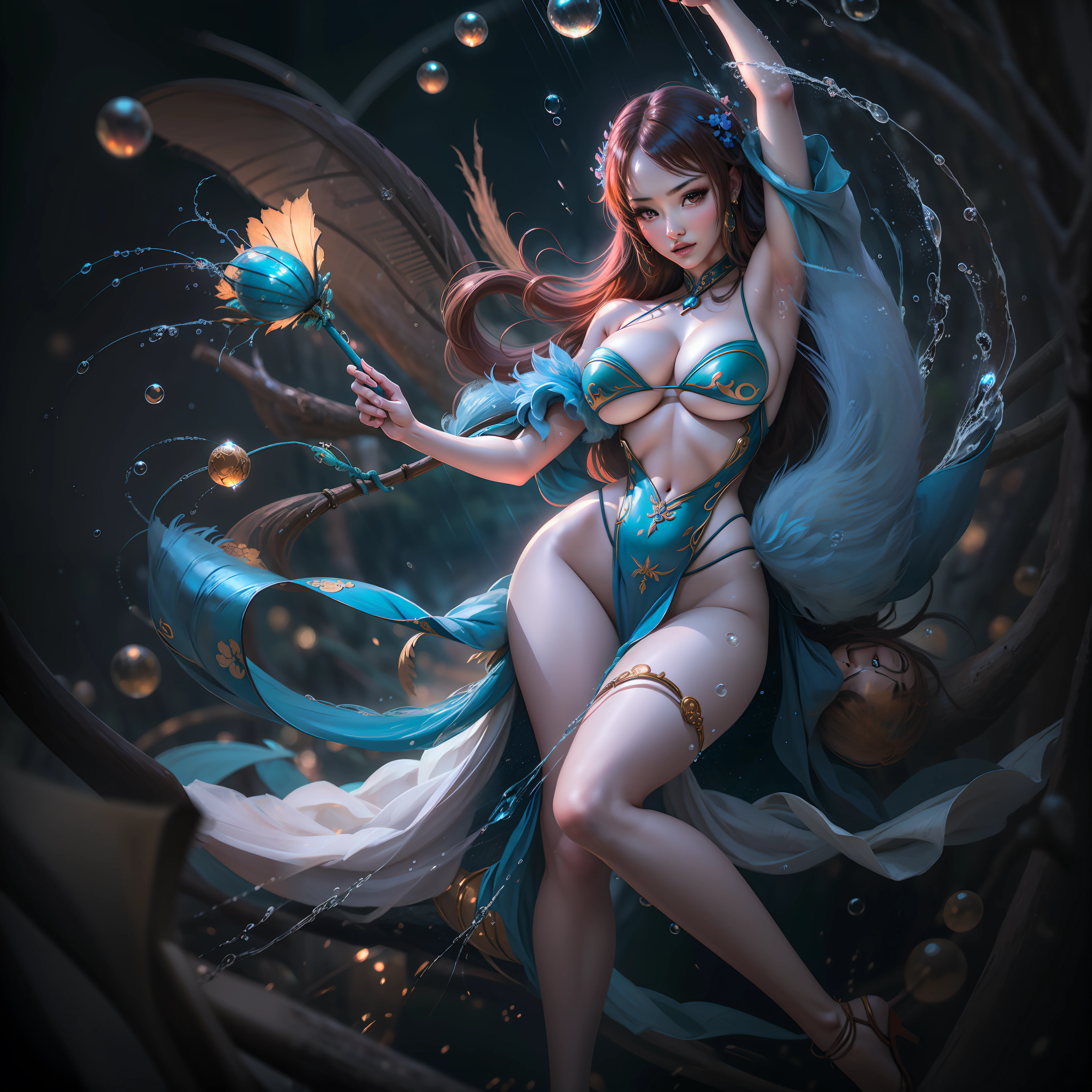 The image of a mink cicada in the Romance of the Three Kingdoms ，Raised sexy，long leges，show legs，gigantic cleavage breasts，Enchanted，dancing pose，Water droplets surround，water bloom，Enchanting，seduce，tmasterpiece，HighestQuali，Highest high resolution，beautifullegs，one-girl