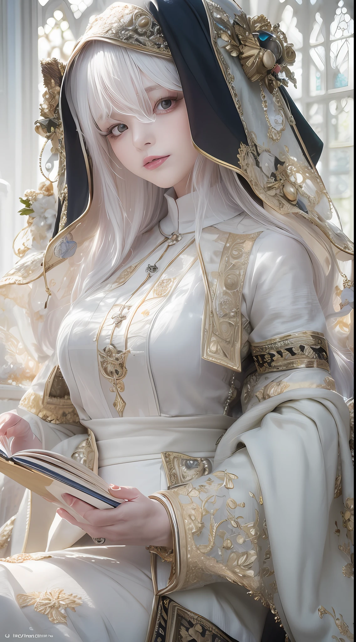 best qualtiy,8K,Best quality,(the detail:1.4),A beautiful maiden。Her skin shimmered with a pure white sheen。Close-up of a nun holding a book in a chair,fully body photo,The is very detailed,guweiz masterpiece, Guviz-style artwork, a stunning young ethereal figure,dreamy and detailed, Ethereal!!! Ultra photo realsisim,lewd nun,Black nun dress,neo-classical, Renaissance,Epic and beautiful character art,Stunning character art,Ray traching,The costumes and facial expressions of the characters are very detailed,Displays a detailed description,A look of disdain,Lift up some skirts,Beth,white hime cut hairstyle,There are deep eyes,Beautiful character painting,The Lost Book of Magic,white beautiful hair,There are vines with arabesques