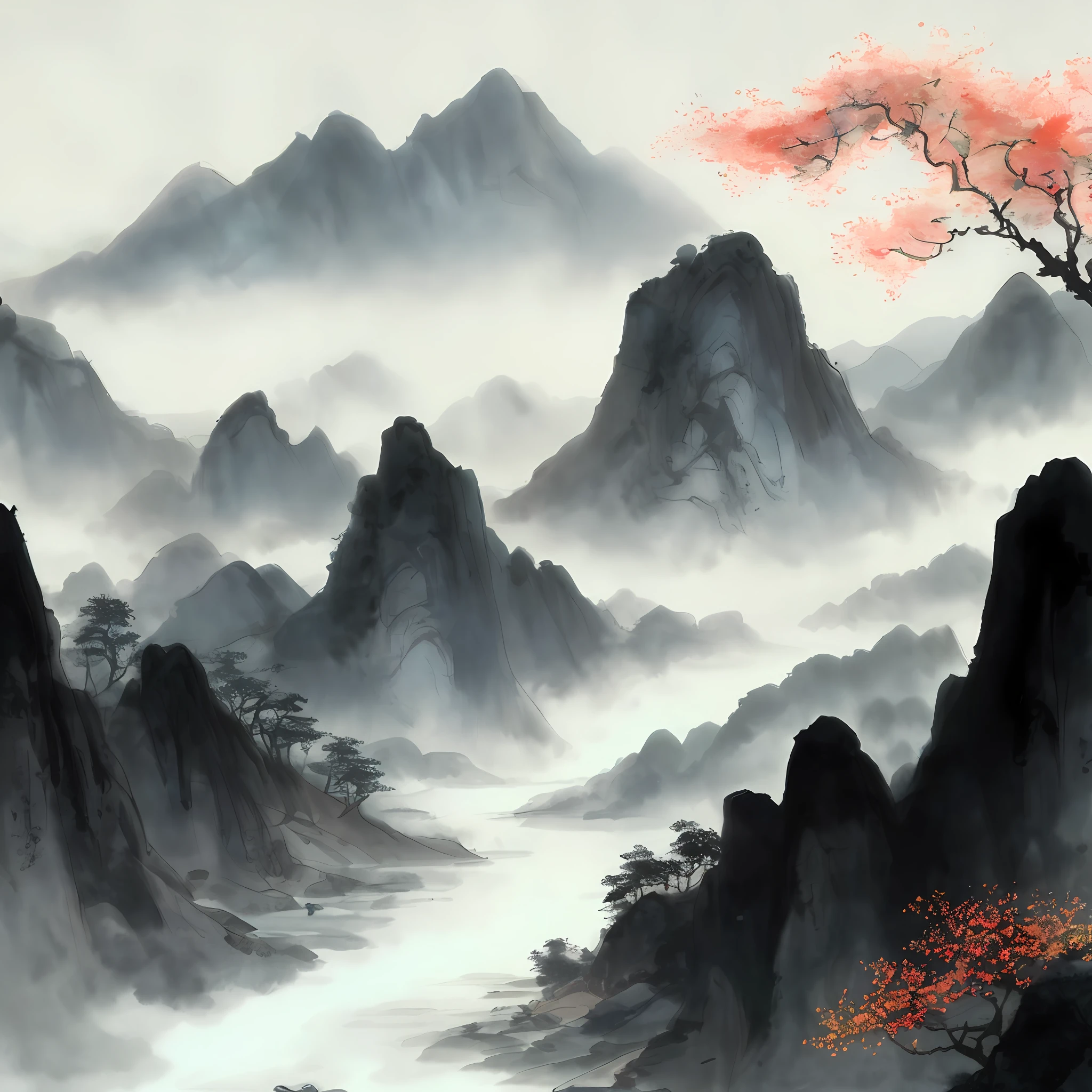 arafed view of a mountain with a tree and a river, chinese landscape, scenery artwork, misty mountains, japanese landscape, chinese painting style, chinese style painting, chinese watercolor style, background artwork, serene landscape, korean artist, japanese style painting, (mist), painted landscape, traditional chinese ink painting, mist, mountains in fog background