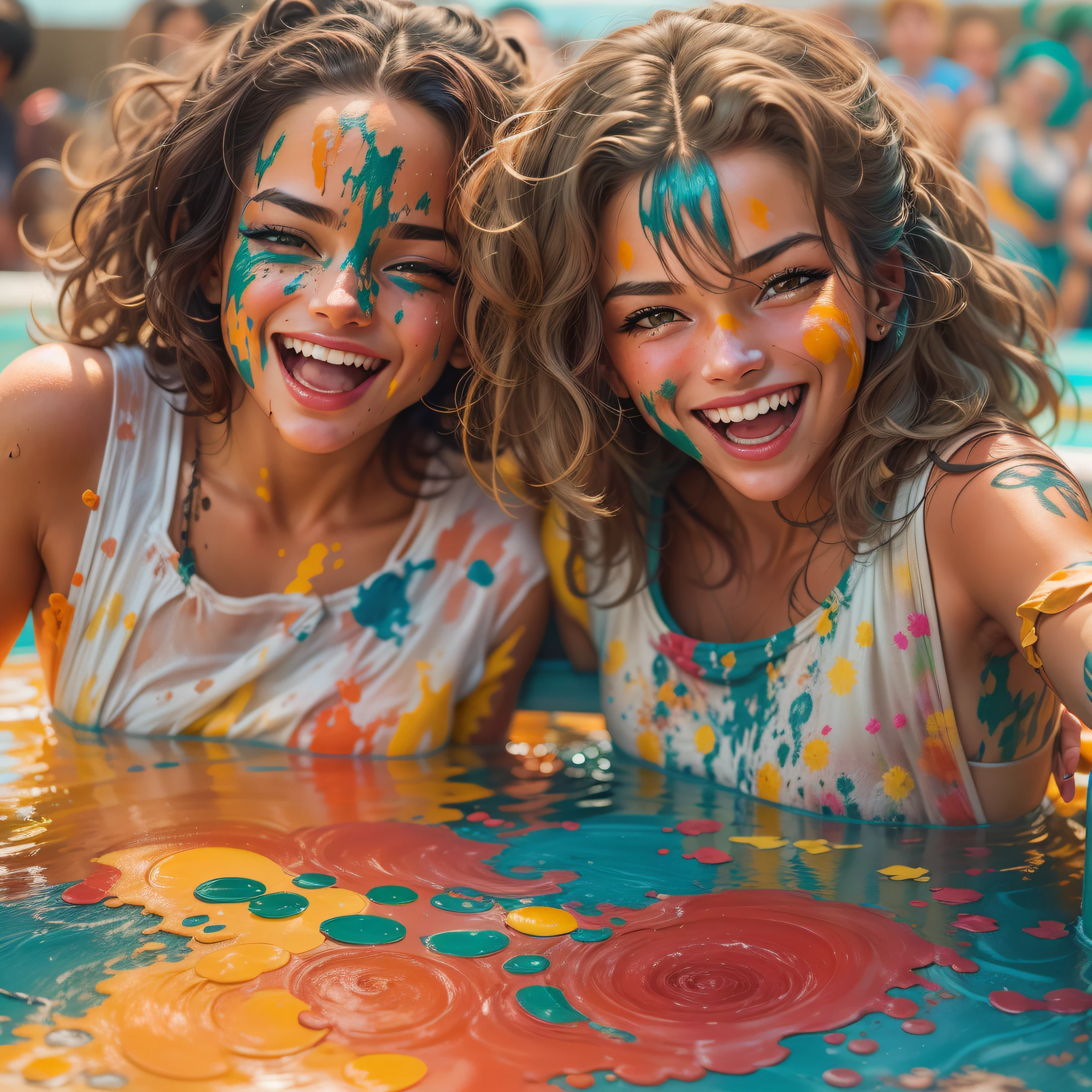 Nesta imagem, duas melhores amigas, Lily e Emily, they're having a great time in a pool full of colorful paint. Com grandes sorrisos em seus rostos, eles alegremente jogam tinta um no outro, Creating a vibrant and artistic pool party scene.