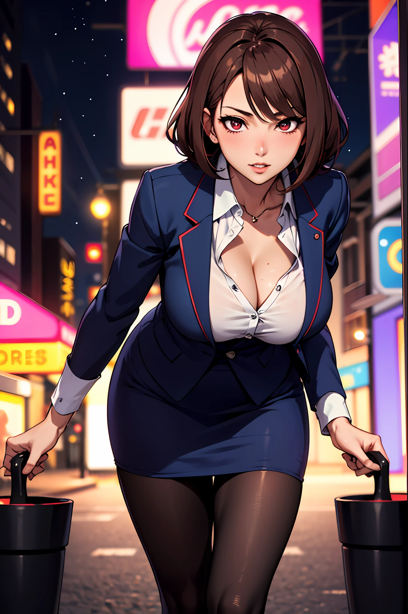 Bewitching anime busty woman in blue suit and tight skirt、Black tights,Inviting look、Show off your chest、Shirt and brown hair,Ecchi anime style, bending forward,Kamimei,Red Light District at Night,neons、Bokeh in the background