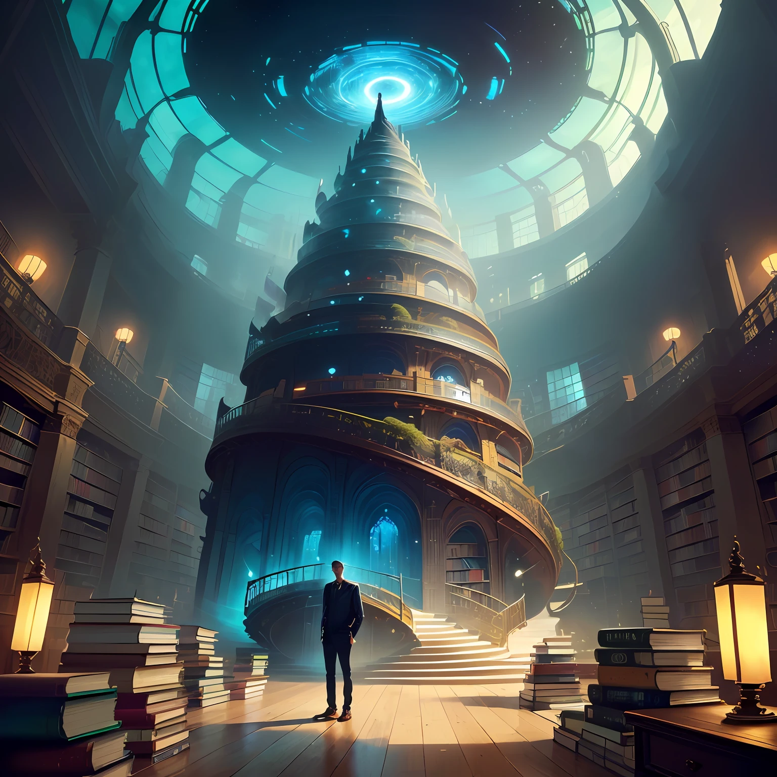 arafed image of a man standing in a library with books, endless books, borne space library artwork, books cave, fantasy book illustration, spiral shelves full of books, infinite celestial library, an eternal library, gothic epic library concept, magic library, japanese sci - fi books art, beeple and jean giraud, books all over the place