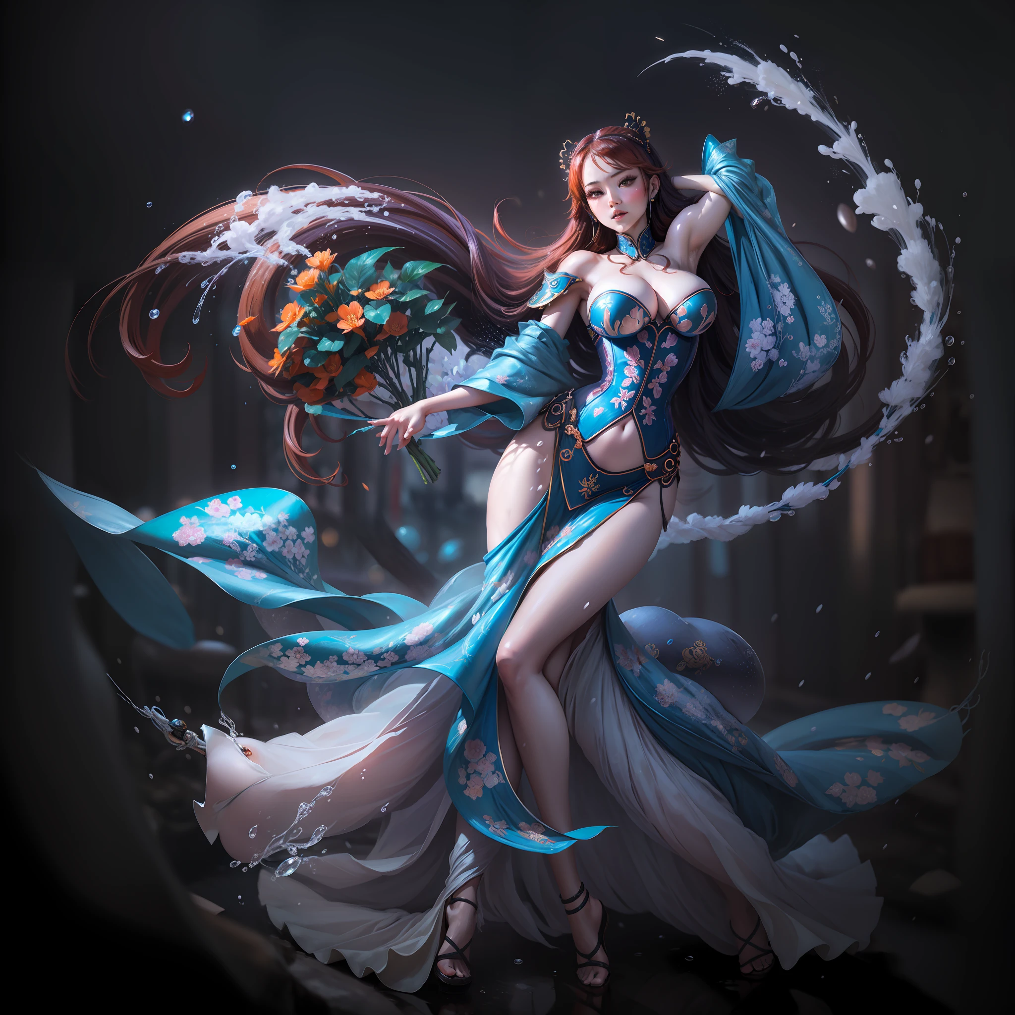 《Romance of the Three Kingdoms》Sable cicada image in ,Raised sexy,long leges,show legs,gigantic cleavage breasts,Enchanted,dancing pose,Water droplets surround,water bloom,Enchanting,seduce,tmasterpiece,HighestQuali,Highest high resolution,beautifullegs,one-girl