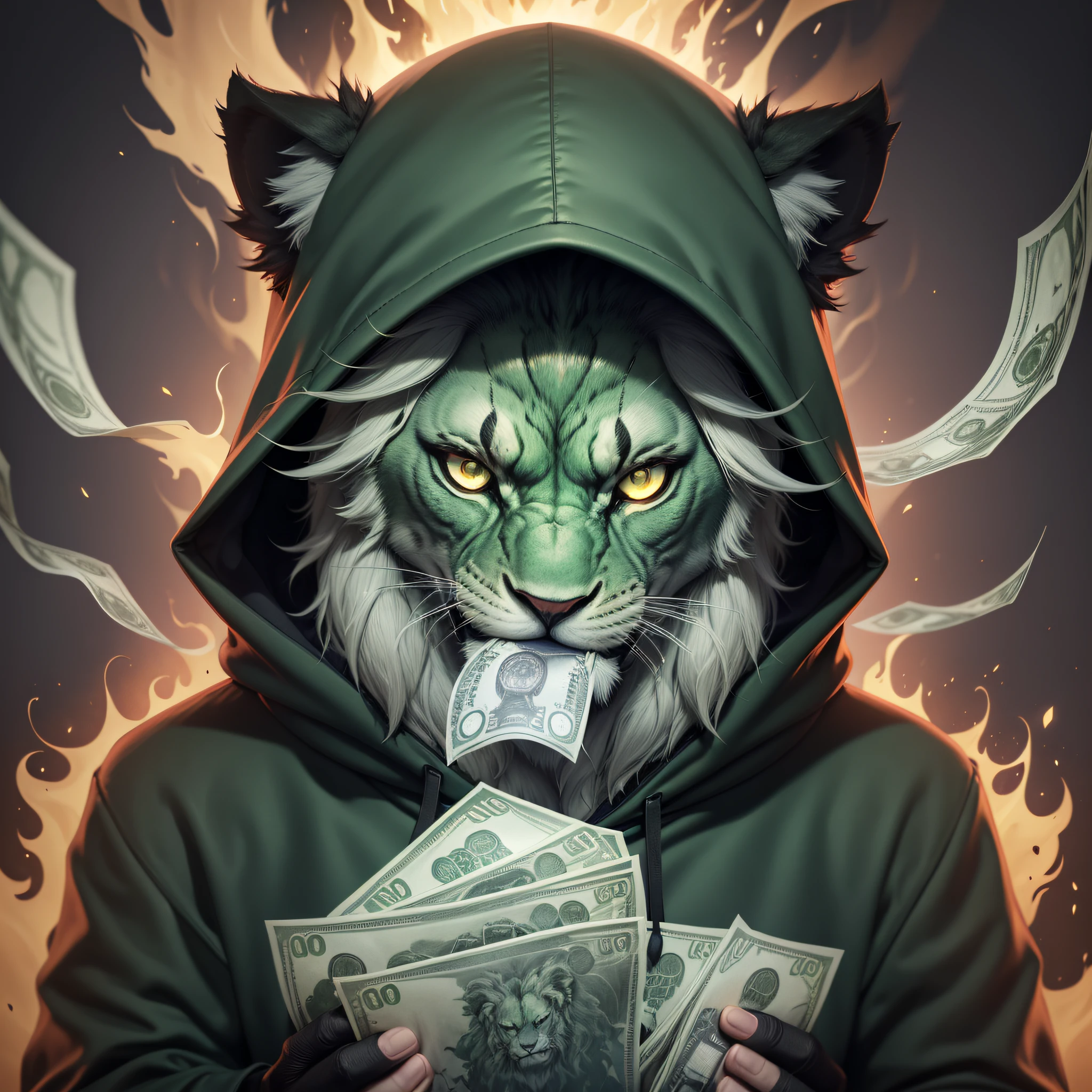 green lion in a black hoodie holding a stack of money, blank white background burned money floating, smoke, flames all around, headphones, hood down, sparkling eyes, devil eyes, heart-shaped eyes, evil smile, happy, anger vein, wide shot, Sony FE, award winning, best quality, masterpiece, retina, anatomically correct, 16k, highres