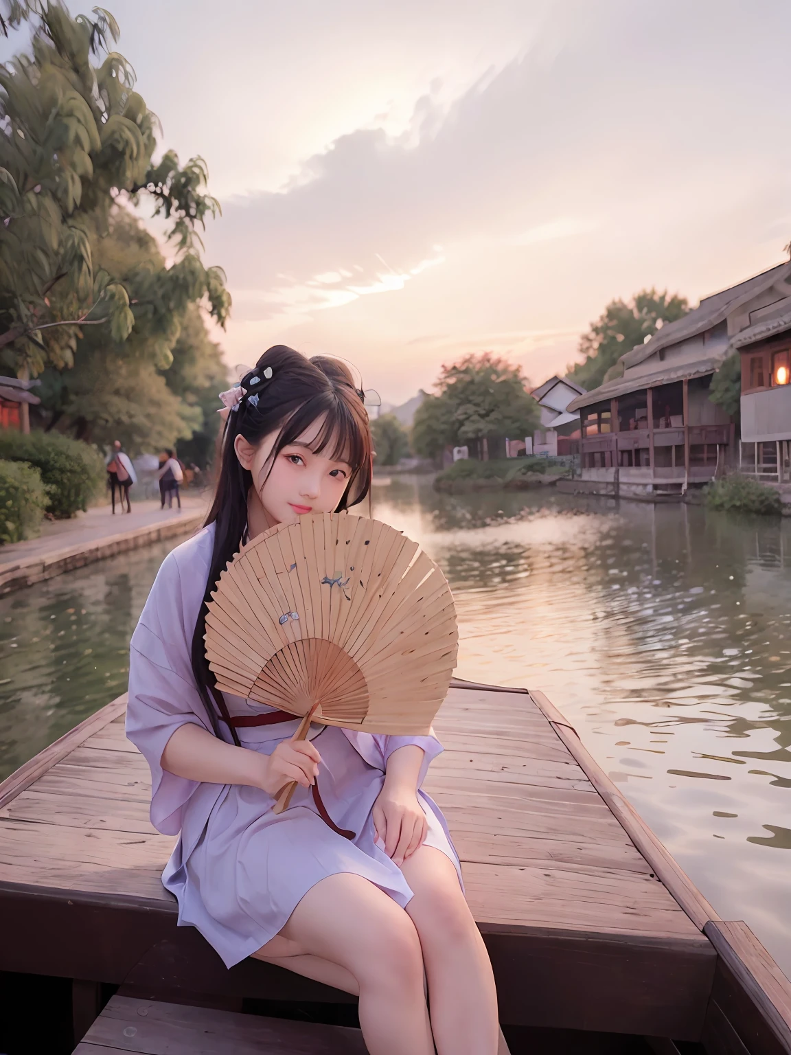 Beautiful girl sitting on a wooden boat,Hold a fan in front of the water body, sitting in a small bamboo boat, zhouzhuang ancient town, xintong chen, cover photo portrait of du juan, wenfei ye, Sexy girl, inspired by Ye Xin, With sunset, The colors of the sky live peacefully with the watercolors around them,The face is delicate,Sense of leg detail,Visual lens,Sweet smile --auto