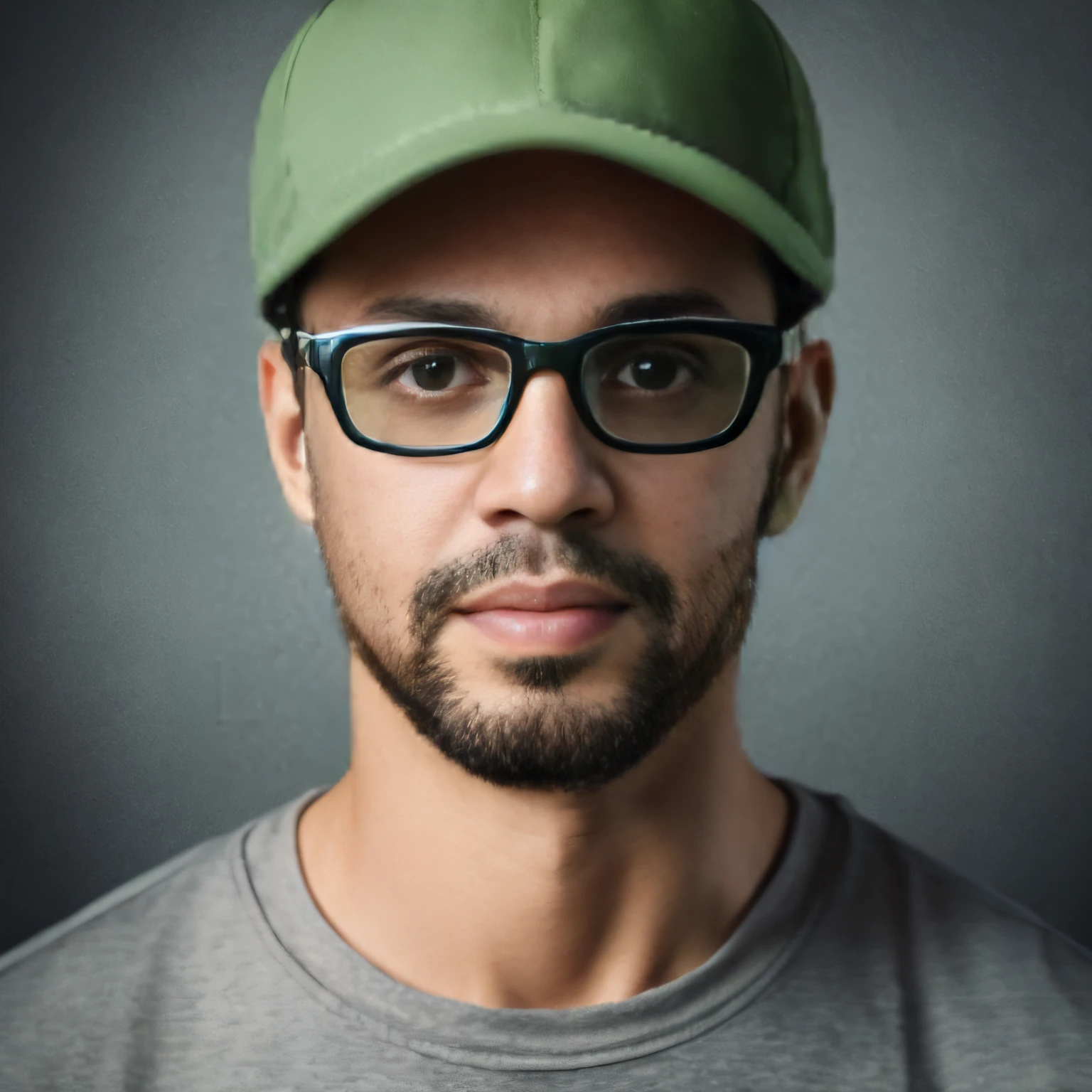 Portrait photo of a man in gray shirt, Green cap and cybernetic glasses, in a confident pose and determined expression. --auto