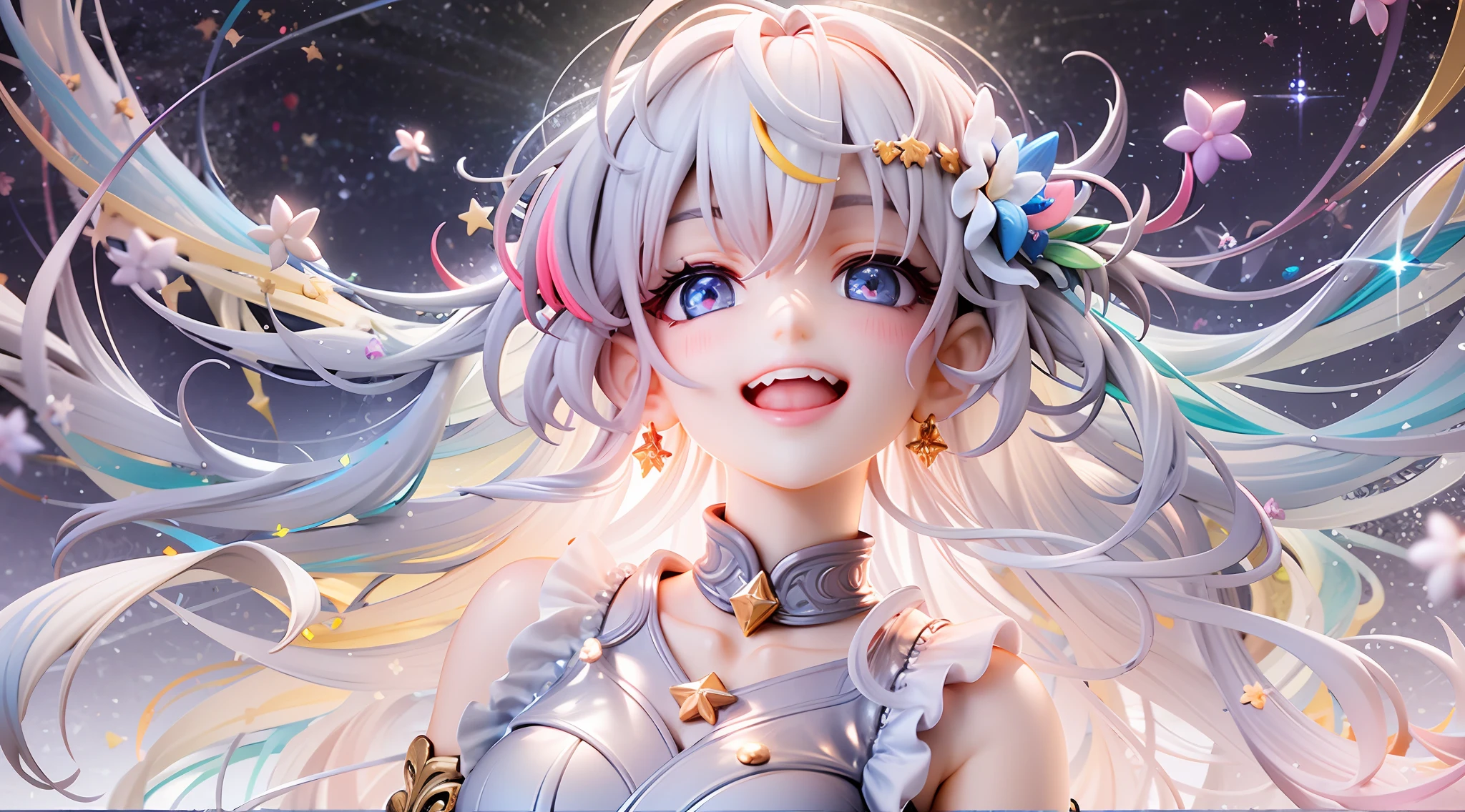 1girl, beautiful eye, smile, rainbow (prism effect), starlight white, blessed girl, joyful expression with subtle blush, platinum blonde, short cut, chin-length, jewel-like sparkling blue eyes, looking up at the starry sky with glittering eyes, night sky with falling stars and prism-effect shooting stars, hair glows with a soft light as if reflecting the colors of the universe, subtle shimmering rainbow highlights scattered throughout her hair, delicate white dress shimmering with prismatic sparkles as if woven from starlight, star-themed jewelry adorning her ears and neck, each piece reflecting the colors of the cosmos, iridescent stars gently floating around her as if drawn to her joy, radiant glow enveloping her as she revels in the celestial celebration