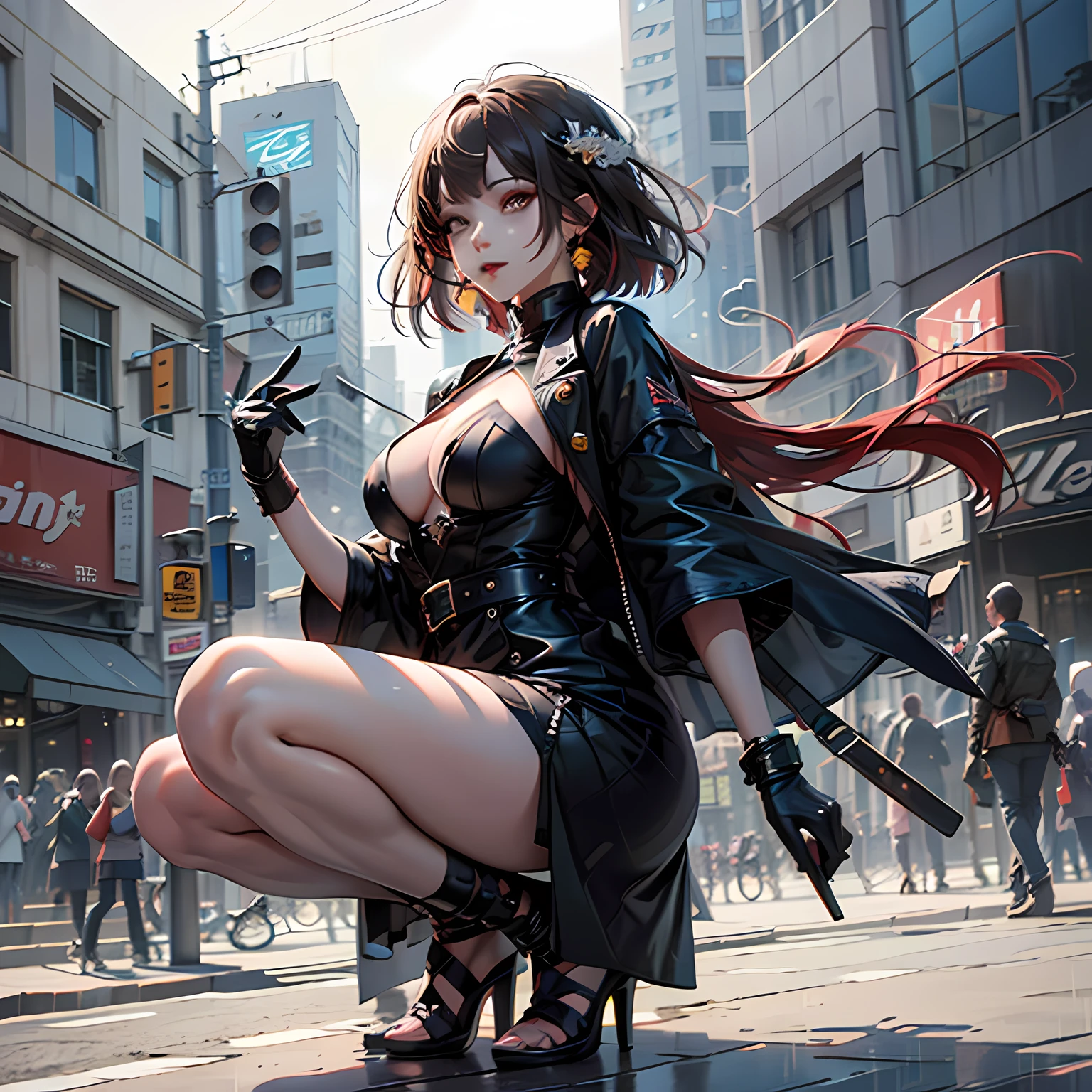 ((best qualtiy, 8k, tmasterpiece:1.3)), Focus:1.2, perfect figure beautiful woman:1.4, Cocked buttocks:1.2, ((Cut hair in layers, Beautiful breasts:1.3)), (High neck and lacquered dress:1.2) ,Lace，stocklings，high-heels (Rain, Street:1.3), Bandeau Dress:1.1, Highly detailed facial and skin texture, A detailed eye, 二重まぶた，Whiten skin，long whitr hair,(Keep one's mouth shut:1.3)，Chinese women，ssmile --auto