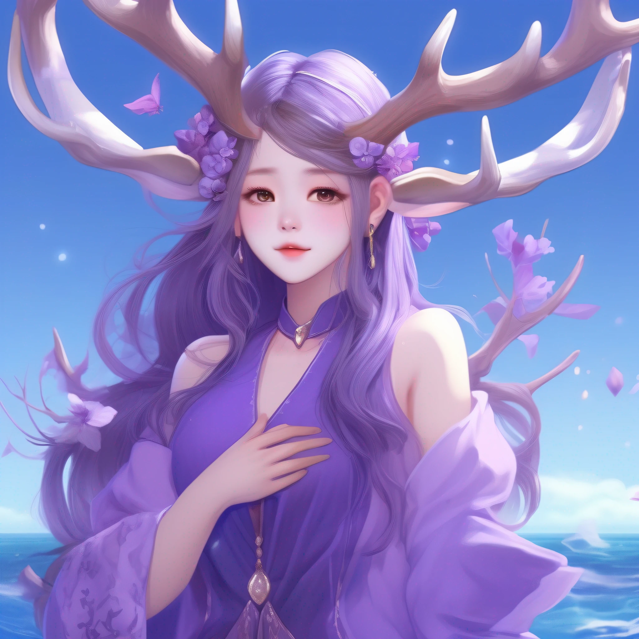 a pregirl,There are antlers on the head。Wear purple clothes。The background is a blue sea,tmasterpiece,high qulity