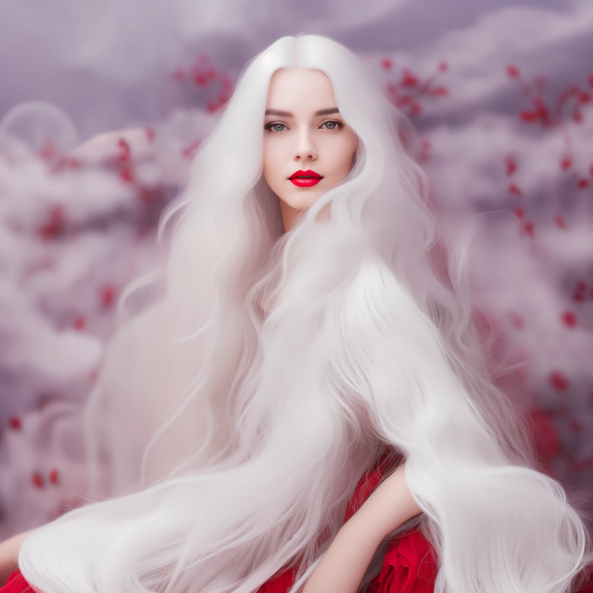 A woman with white hair and red lips poses for a photo, detailed white long hair, long white hair, with long white hair, Flowing white hair, Girl with white hair, Perfect white haired girl, white beautiful hair, white haired lady, Long flowing white hair, white haired Cangcang, White curly hair, wavy white long hair, Ethereal beauty