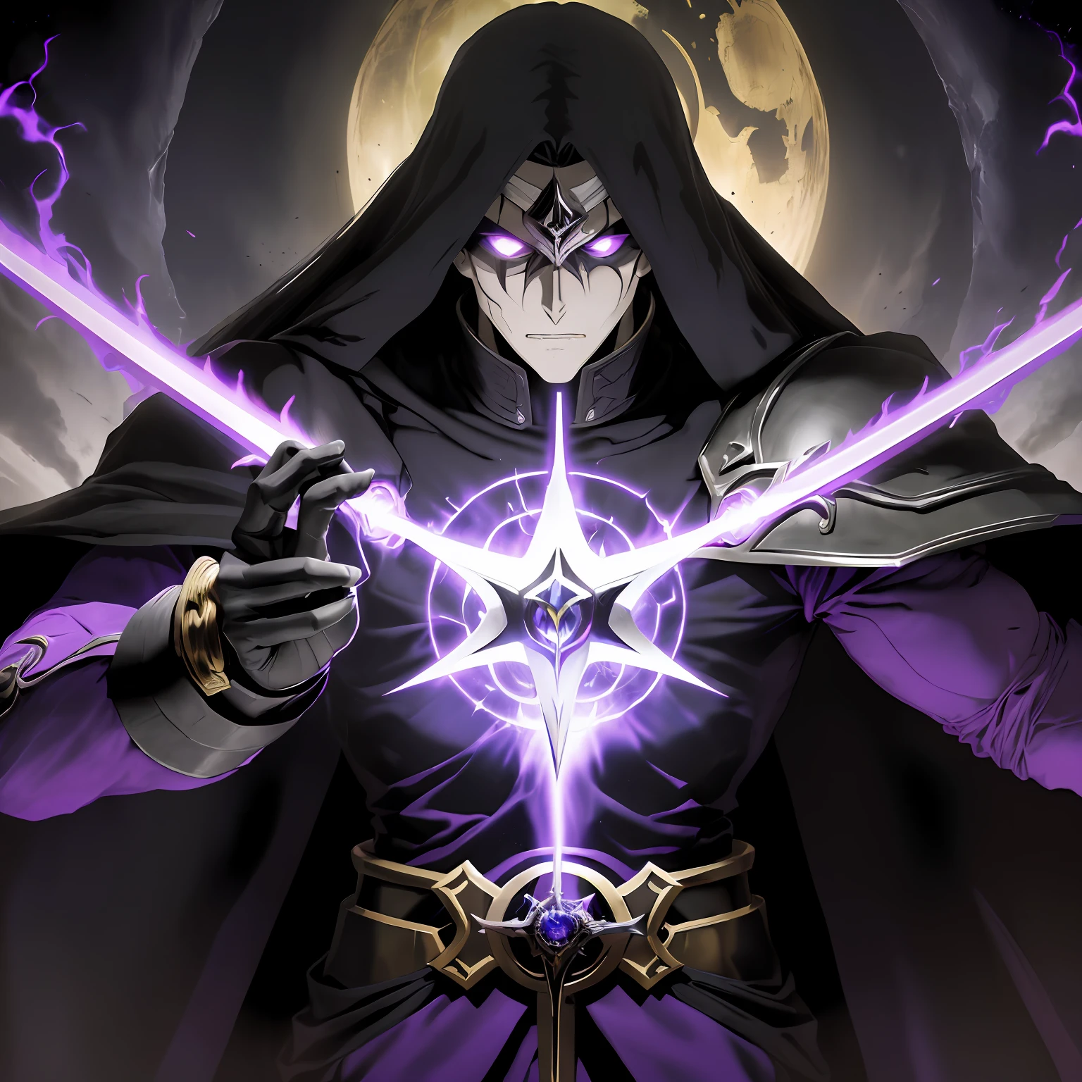 (um close up de corpo inteiro de uma pessoa toguro100 com uma espada e um manto roxo, Vestido Ainz Ooal, Overlord!!!, Overlord, por Overlord, Deus masculino bonito da morte, Overlord Temporada 4, Rei do Ceifador do Tempo, Arte Oficial, Retrato do Deus da Morte, O Rei da Morte, Ish, Albedo do anime Overlord, Deus da morte) , cenario fantasia dark dinamico, Character concentrating black magic in his hand, vortex, particuls, in action, Distance 135mm, (((visao lateral de cima)))