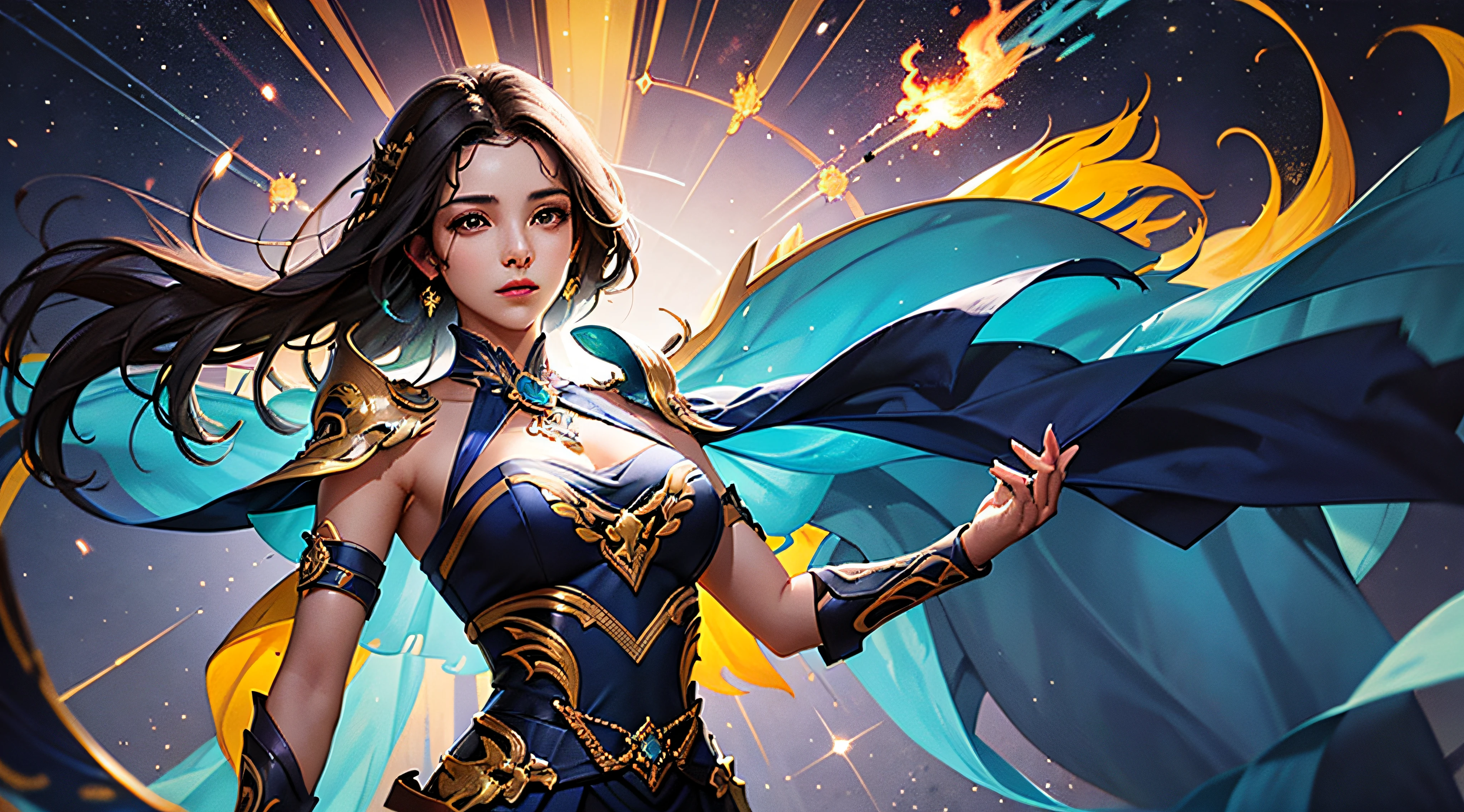 (Joia escondida, Obra-prima escondida, best quality),Mulher magica flutuando sobre as nuvens,Rumo ao horizonte, Bringing light and hope with its extraordinary appearance, (beautiful face, strong muscles), His armor is made of indestructible steel, destacada pelas cores fortes vermelho, azul e dourado, (luminosidade gloriosa, sombras fortes), Strong wind messes up your dark hair, enquanto ela permanece forte e imponente.