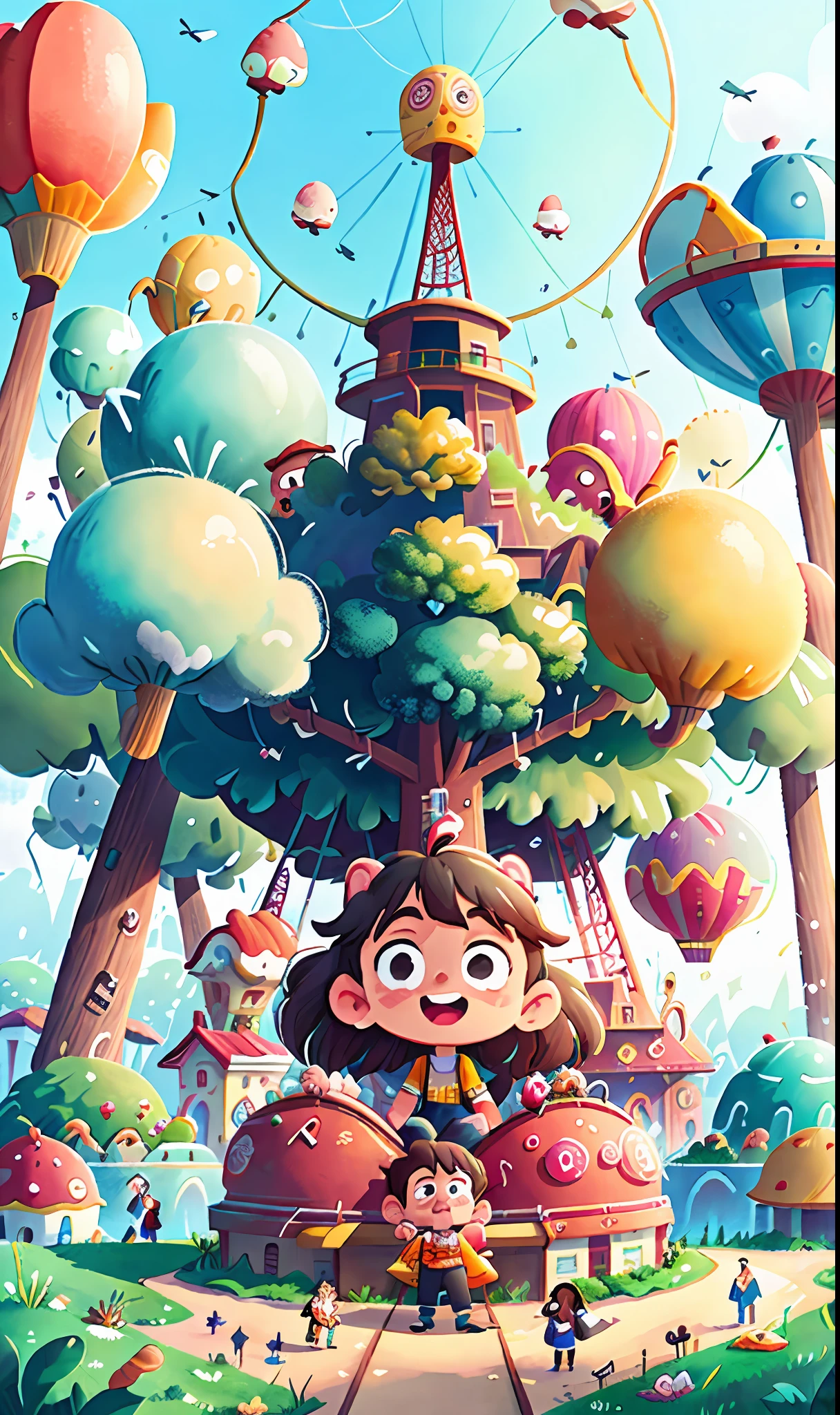 Ferris wheel, roller coaster, carousel, lots of air balloons, playground, seaside, greenery, people come and go, have fun
