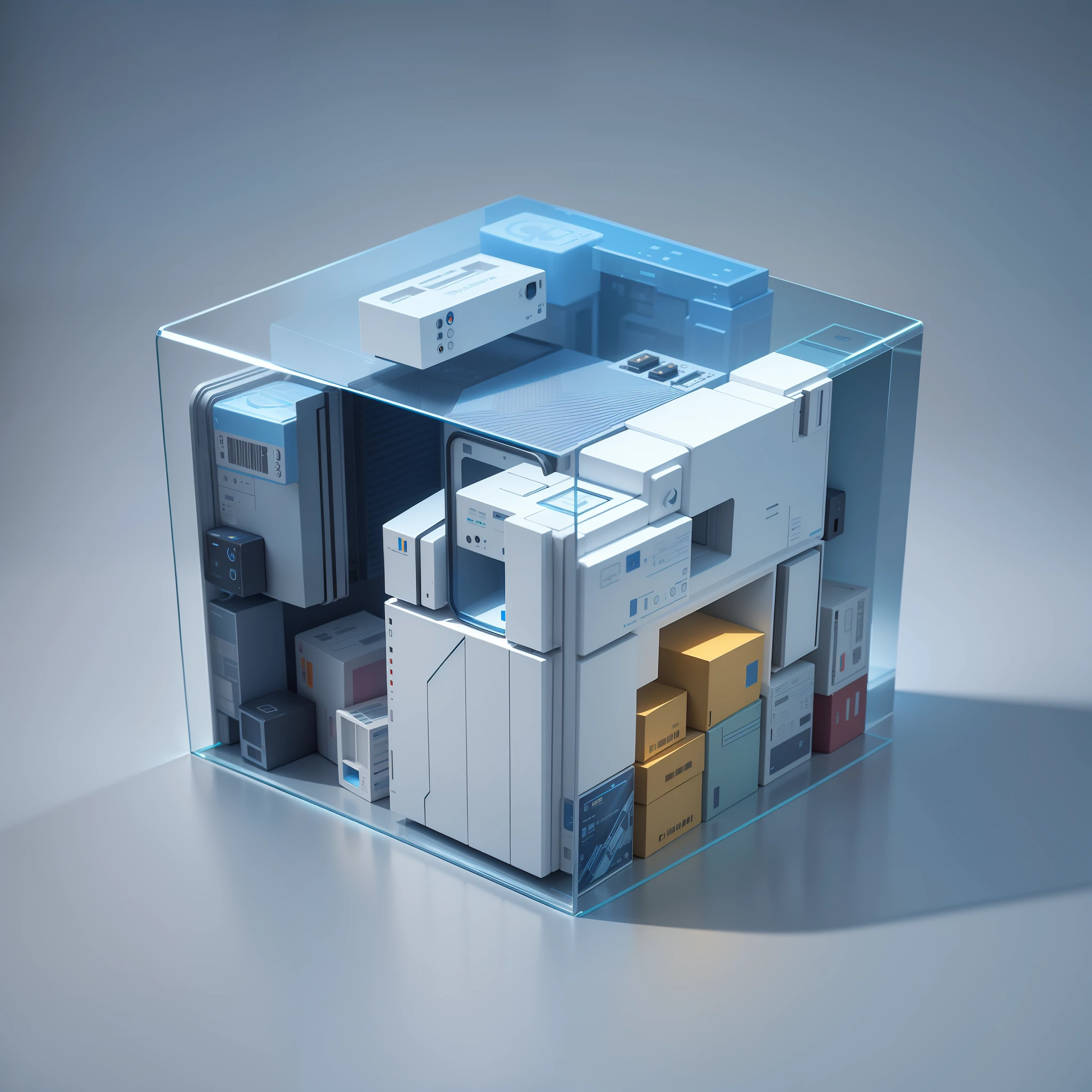 icon design, blue and white, frosted glass, transparent technology sense, isometric, centered composition，white background, studio lighting, 3D, C4D, blender, OC render，Logistics parcel，8K