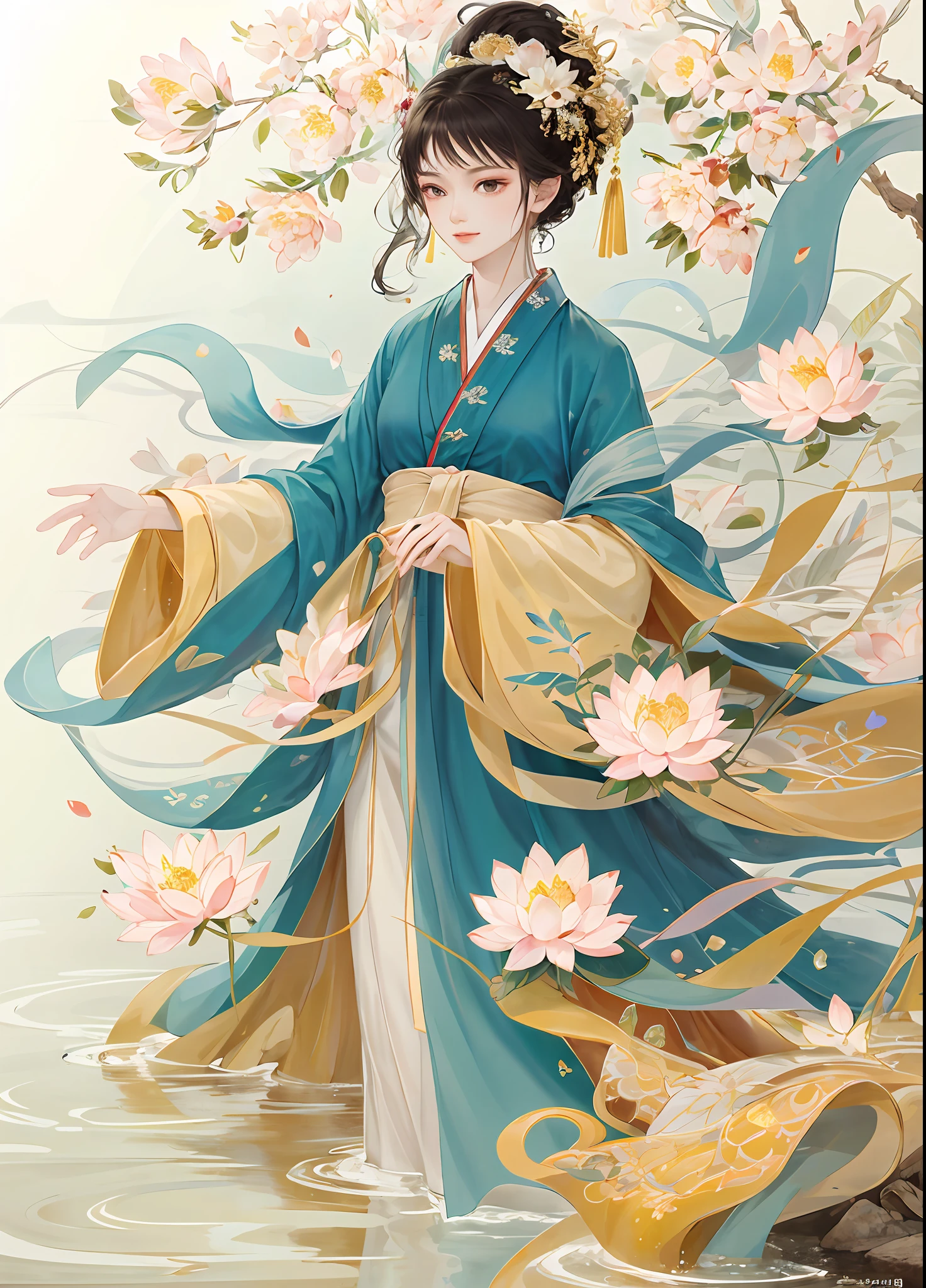 ((Masterpiece)), ((best quality)), 8k, high detailed, ultra-detailed,
A graceful beauty in traditional Hanfu attire,
Silk robes flowing like a river,
Intricate embroidery adorning the fabric,
Golden hairpins holding up an elegant hairstyle,
Delicate hand holding a folding fan,
Lotus blossoms floating in a tranquil pond