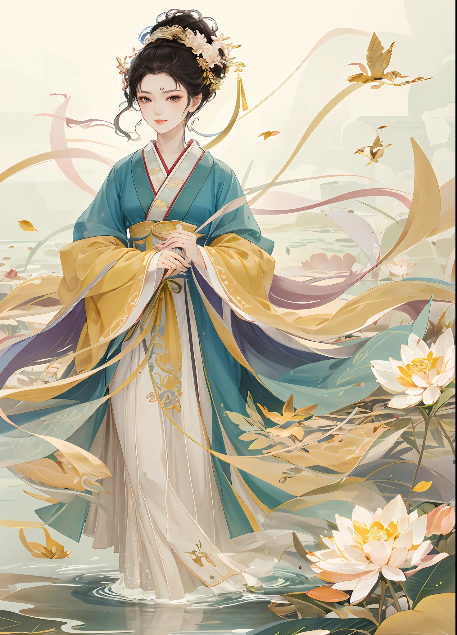 ((Masterpiece)), ((best quality)), 8k, high detailed, ultra-detailed,
A graceful beauty in traditional Hanfu attire,
Silk robes flowing like a river,
Intricate embroidery adorning the fabric,
Golden hairpins holding up an elegant hairstyle,
Delicate hand holding a folding fan,
Lotus blossoms floating in a tranquil pond