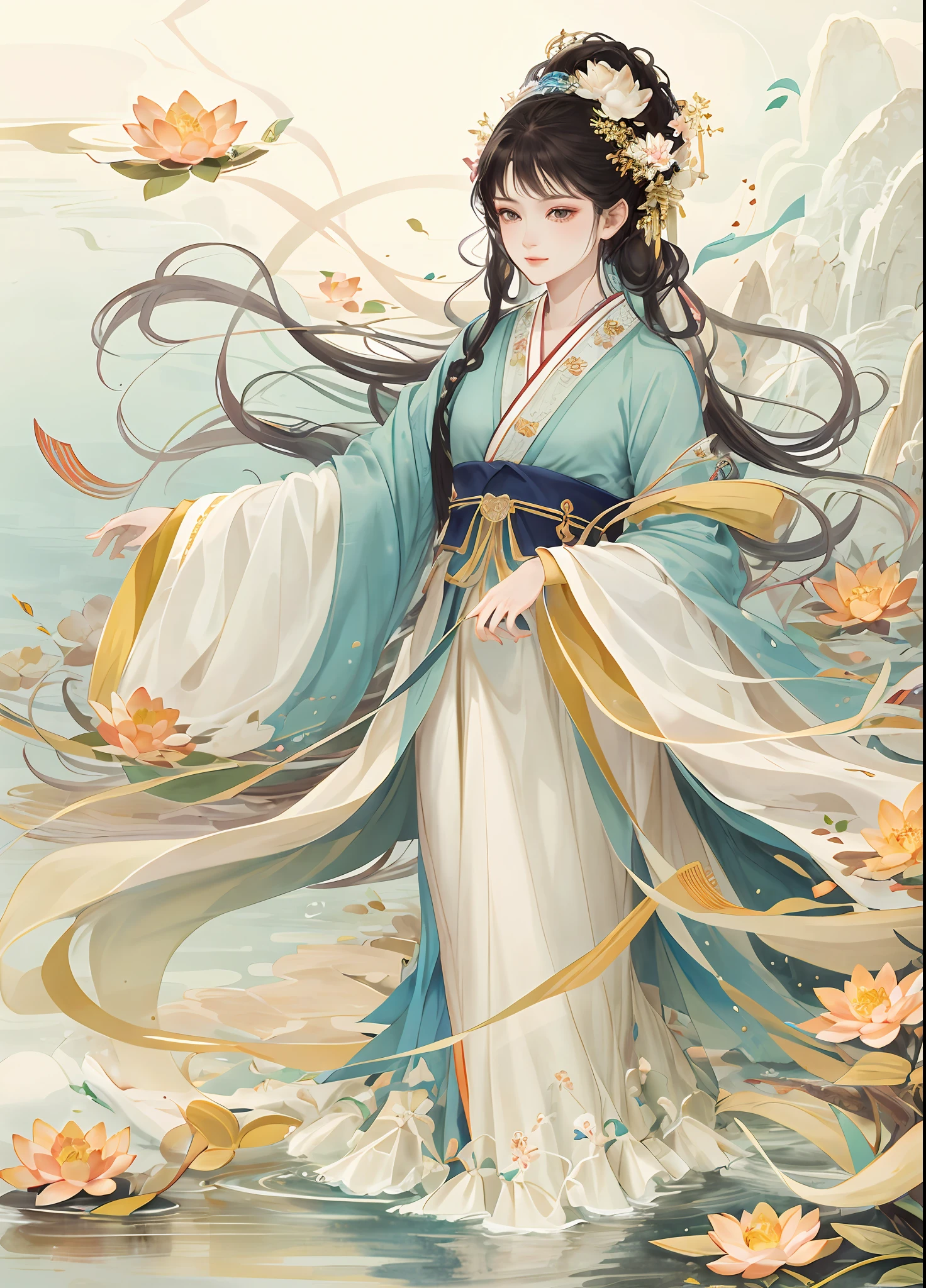 ((Masterpiece)), ((best quality)), 8k, high detailed, ultra-detailed,
A graceful beauty in traditional Hanfu attire,
Silk robes flowing like a river,
Intricate embroidery adorning the fabric,
Golden hairpins holding up an elegant hairstyle,
Delicate hand holding a folding fan,
Lotus blossoms floating in a tranquil pond