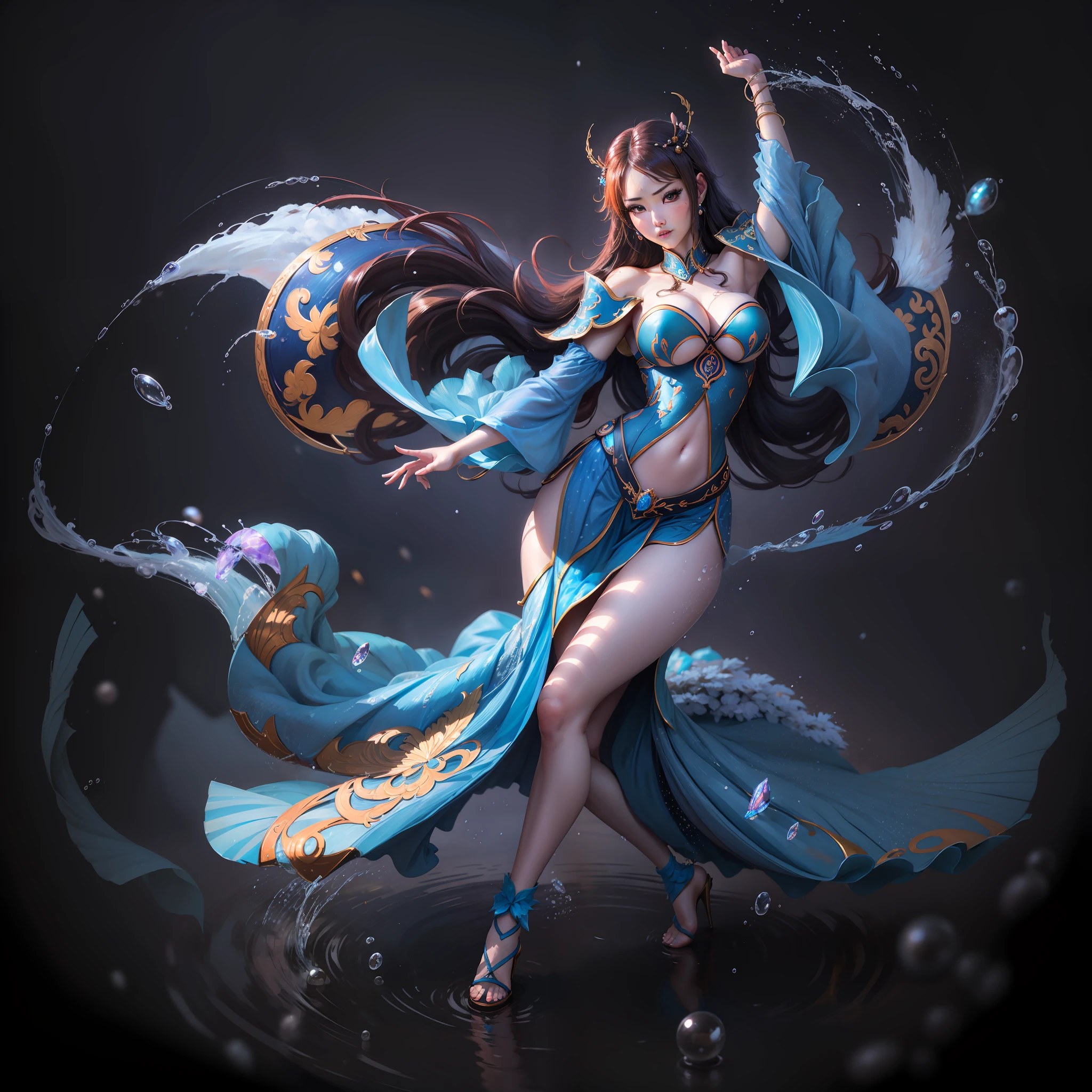 《Romance of the Three Kingdoms》Sable cicada image ,Raised sexy,long leges,show legs,gigantic cleavage breasts,Enchanted,dancing pose,Water droplets surround,water bloom,Enchanting,seduce,tmasterpiece,HighestQuali,Highest high resolution,beautifullegs,one-girl