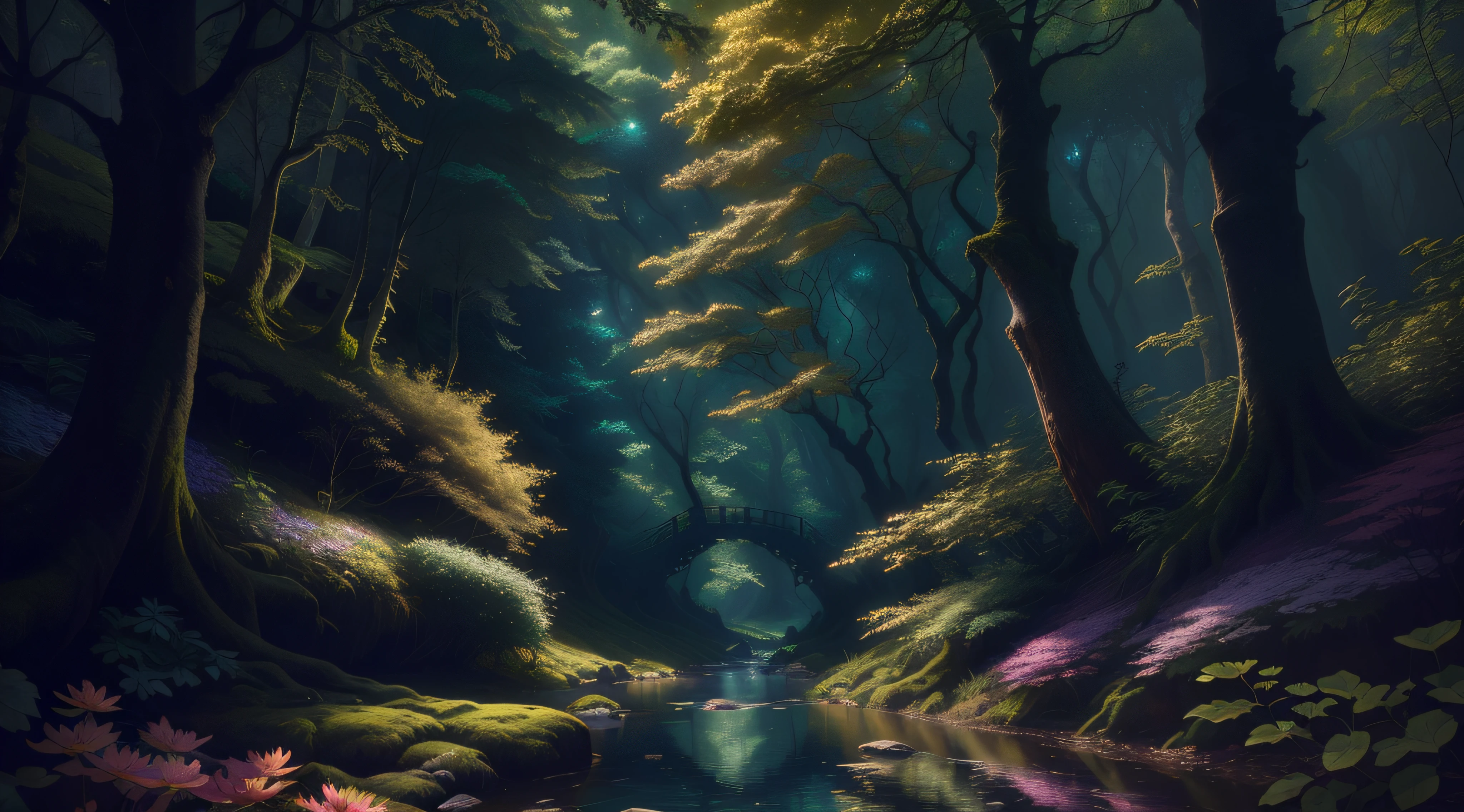 There is a stream that runs through a forest with trees and flowers, anime exuberante john 8k madeiras, floresta brilhante, magic fantasy forest, magical atmosphere, magical forest, paisagem da floresta da fantasia, floresta da fantasia, inspirado em Andreas Rocha, Rio em uma floresta, mystical forest lagoon, magical forest in the background, Floresta bonita, 8k resolution digital painting, 8k resolution digital painting