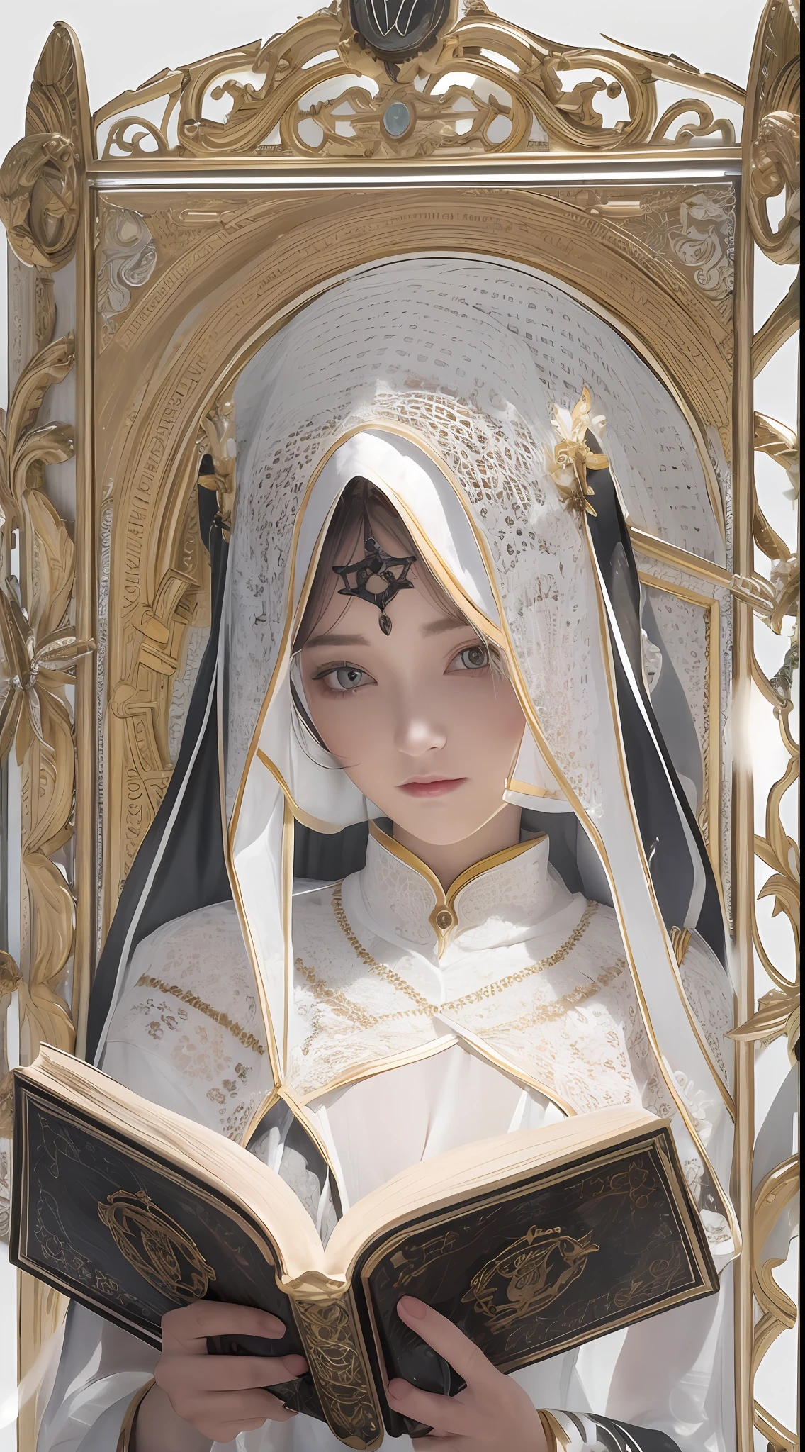 best qualtiy,8K,Best quality,(the detail:1.4),A beautiful maiden。Her skin shimmered with a pure white sheen。Close-up of a nun holding a book in a chair,fully body photo,The is very detailed,guweiz masterpiece, Guviz-style artwork, a stunning young ethereal figure,dreamy and detailed, Ethereal!!! Ultra photo realsisim,lewd nun,Black nun dress,neo-classical, Renaissance,Epic and beautiful character art,Stunning character art,Ray traching,The costumes and facial expressions of the characters are very detailed,Displays a detailed description,A look of disdain,Lift up some skirts,Beth,white hime cut hairstyle,There are deep eyes,Beautiful character painting,The Lost Book of Magic,white beautiful hair,There are vines with arabesques
