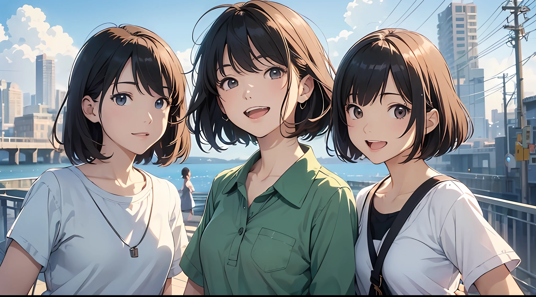 (Flat Color: 0.8), (Masterpiece: 1,2), (Masterpiece: 1,2), Hi-Res, Ultra High Detail, Best Quality, High Resolution, Ultra-fine Illustration, Makoto Shinkai Style, Your Name Is Style, Short Bob, 3 Women, Plain Clothes, Laughing, Big, Dynamic Pose, Selfie, Upper Body
