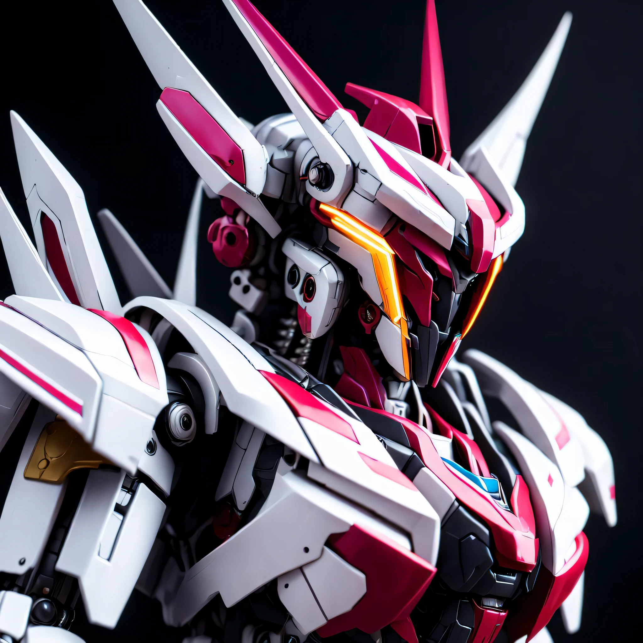 photo (DimensionGundam style:1) close up of a robot with a black background