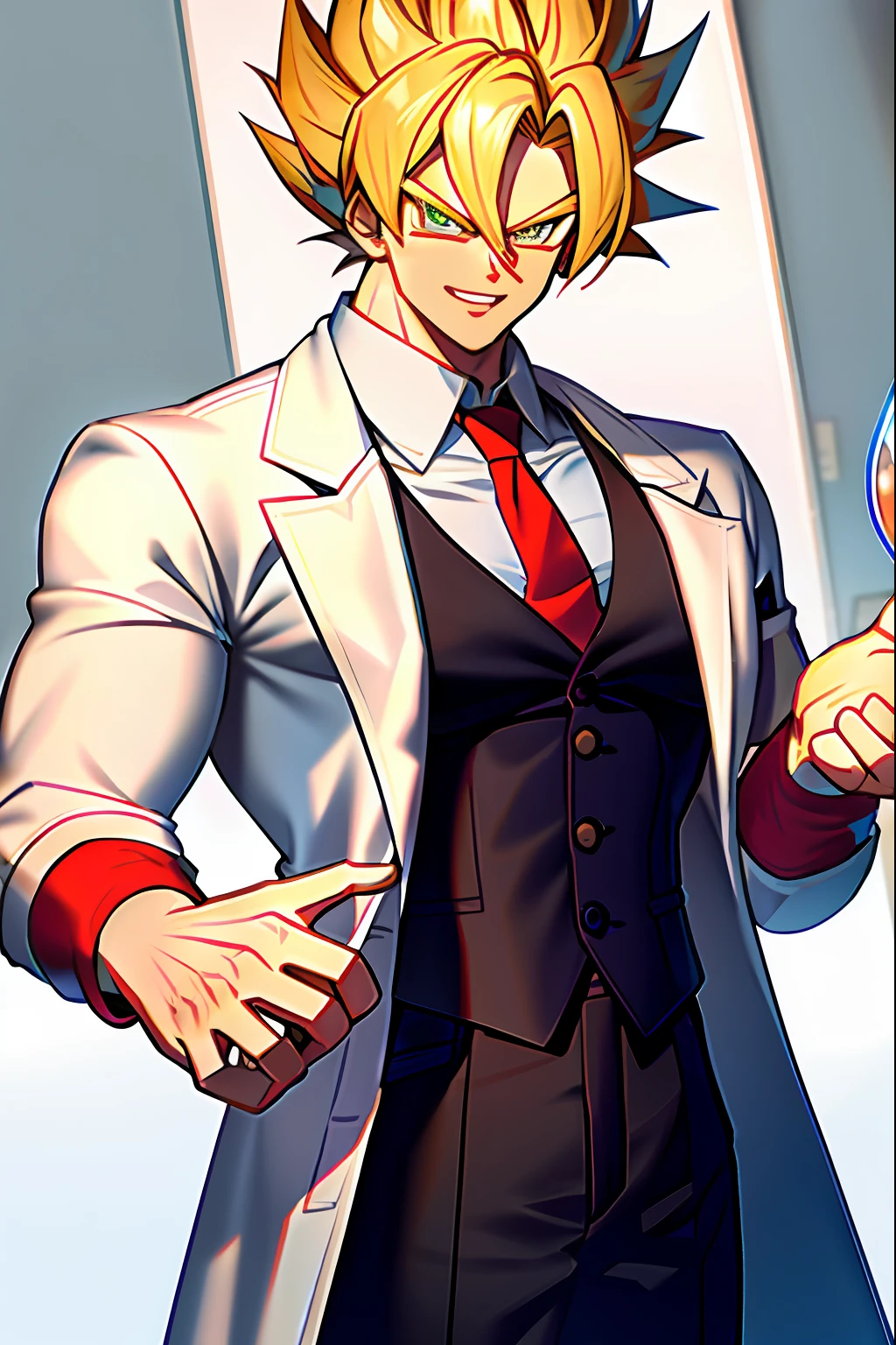 son goku,1boy,Artist name,biceps,blond hairbl,The doctor's white coat,ssmile,red necktie,White Shirts,Lab Room,green-eyed,Hold the beaker in your hand,Look at the beaker, malefocus, muscle men, muscle men, chest muscle, having fun, 独奏, spiked hair, SuperSaiyan, super saiyan 1, Crooked eyebrows, Wristbands, ((tmasterpiece)), Hold the beaker in your hand, medical experiment