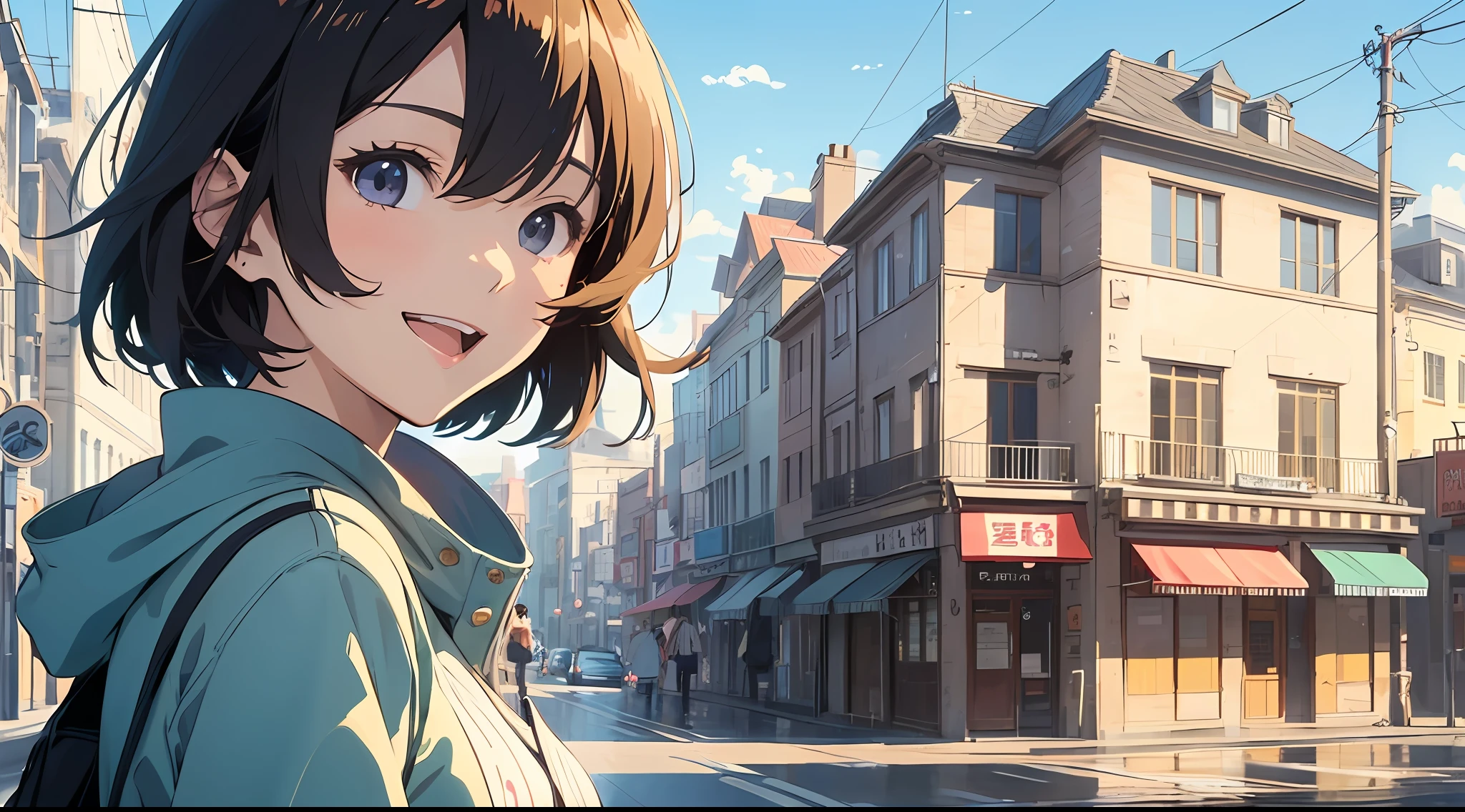 (Flat Color: 0.8), (Masterpiece: 1,2), (Masterpiece: 1,2), Hi-Res, Ultra High Detail, Best Quality, High Resolution, Ultra-fine Illustration, Makoto Shinkai Style, Your Name Is Style, Short Bob, 3 Women, Plain Clothes, Laughing, Big, Dynamic Pose, Selfie, Upper Body
