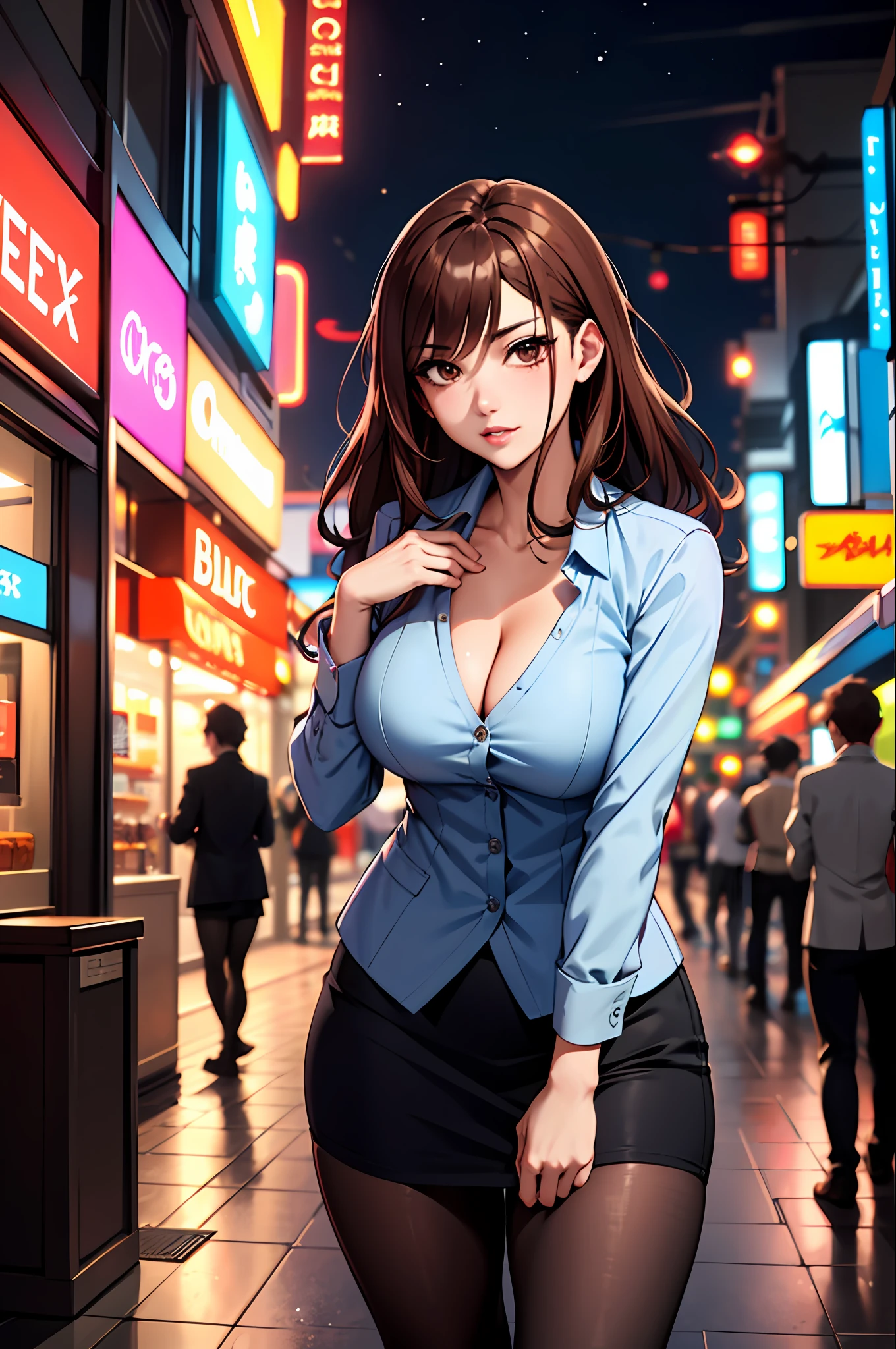 Bewitching anime busty woman in blue suit and tight skirt、Black tights,Inviting look、Show off your chest、Shirt and brown hair,Ecchi anime style, bending forward,Kamimei,Red Light District at Night,neons、Bokeh in the background