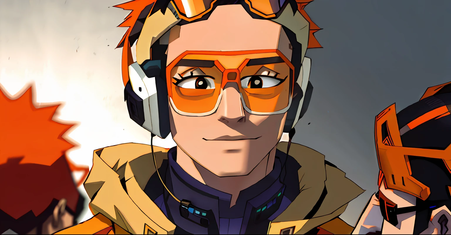 a close-up of a person wearing headphones and an orange visor glasses