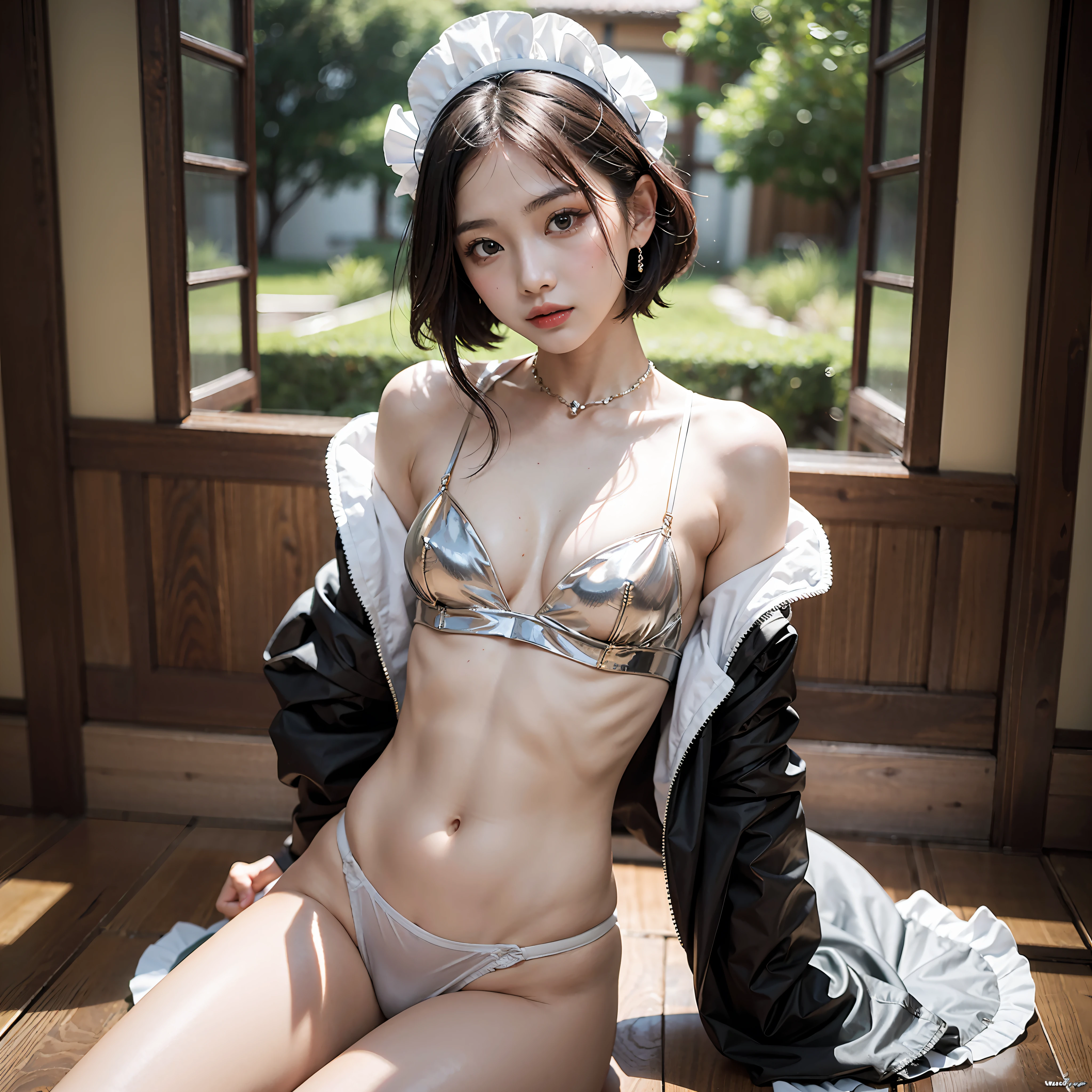 Sensual Asian girl dressed as a maid in small rroppa,Sirvienta,traje bordado, calidad 8k, obra maestra, Beautiful young Asian girl with perfect figure, abdominales delgados, pelo corto,ojos azules.