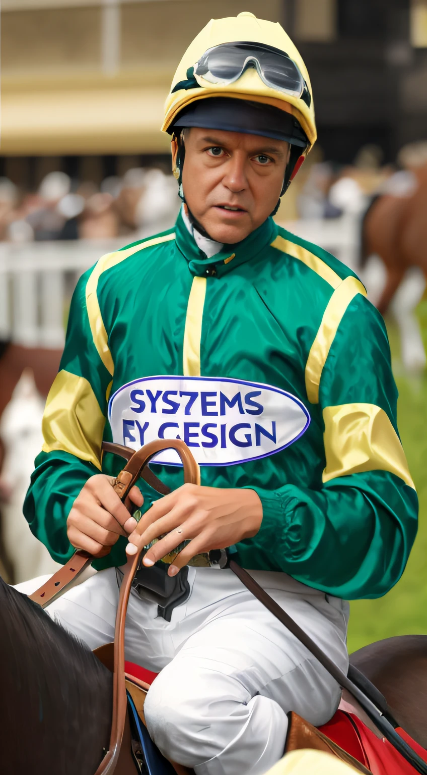 Araffe Jockey con chaqueta verde y amarilla sentado en un caballo, Stylish design, Unidad del sistema, Sedas, Estilizada, symmetr, inspirado por Bedwyr Williams, pintado digitalmente, inspired by Eugène Brands, inspirado por Rodolphe Wytsman, stylised illustration, detailed digital illustration, Arte conceptual de las carreras de caballos, complex design
