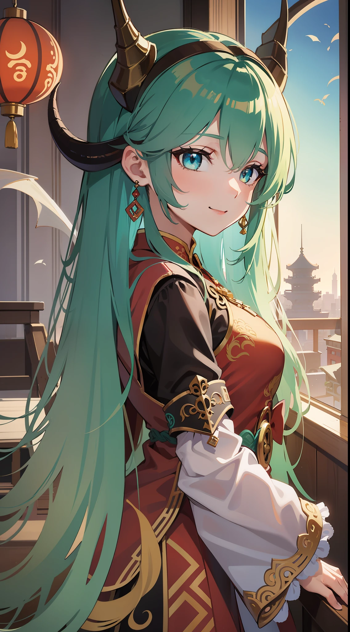 Tall girl, Long brown hair, dragon horns, Cyan eyes, Chinese dress, ssmile, Masterpiece, hiquality