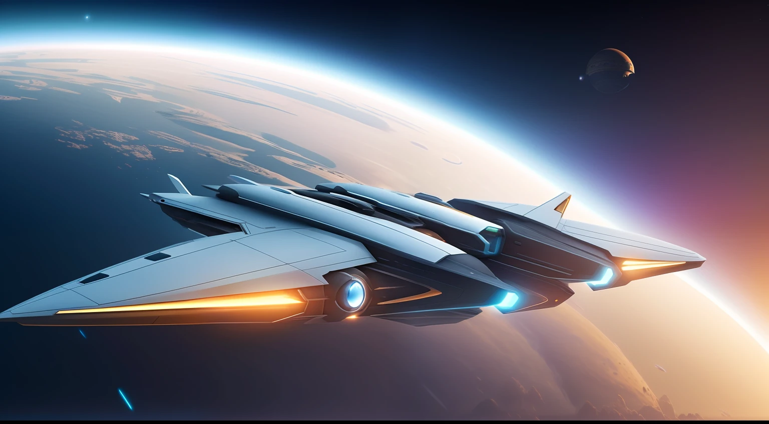 Spaceship in aerial view of the cosmic sun, Jessica Rosier style, Breathtaking views of an interstellar epic, The distance indicates the suspension of the spacecraft, Star citizen digital art inspiration, The spaceship flies in the background, Sci-fi battle scene, Spaceships travel between stars, Futuristic technology and unlimited imagination。 --auto