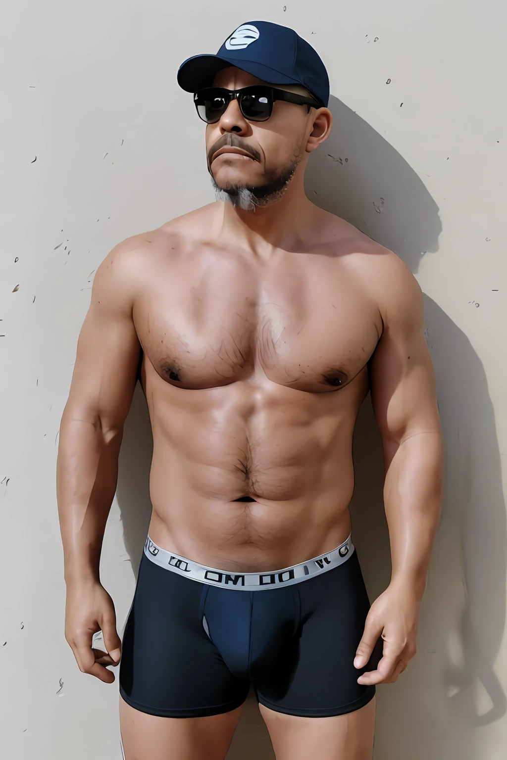 Um Homem (((gordo e peludo))) usando somente underwear, volumoso))), sem roupa, Pose sensual e viril sentada, foto do modelo, sensual, manly, Trucker wearing cap, Homem, rechonchudo, Professional Color Grading, sombras suaves, sem contraste, clean sharp focus, cinematic movie photograph