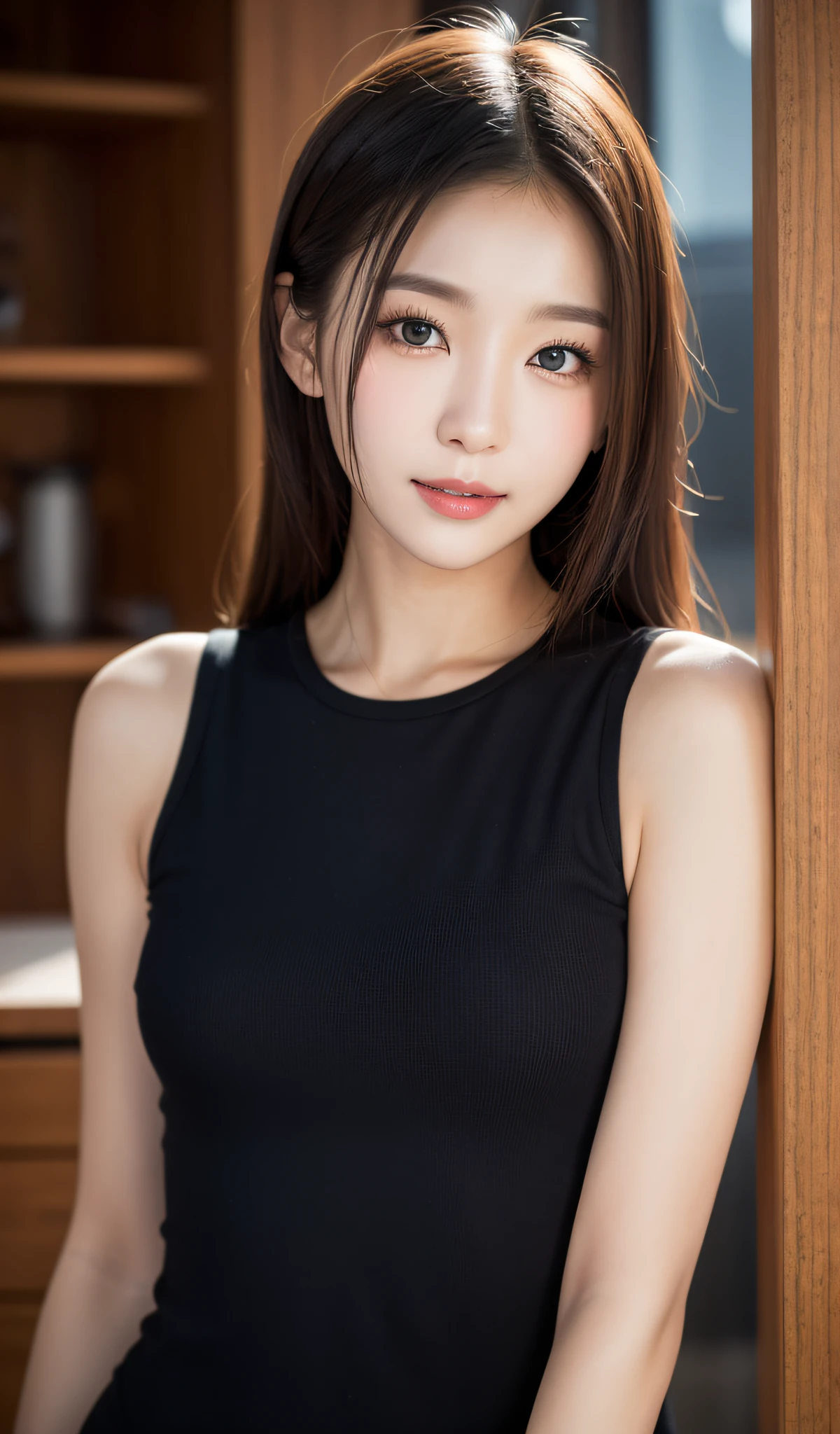 ((best qualtiy、8k masterpieces:1.3))、foco nítido:1.2、(ultra beautiful faces:1.0)、(Slender Abs Beauty:1.0)、(shinny skin:1.0)、photos realistic、A dark-haired、Video Lighting、High-definition eyes and face、Video Lighting、(cowboy shot:1.3)、White swimwear、(Korean Cute Actress)、from the front side、medium large breasts、A slight smile、Sleeveless