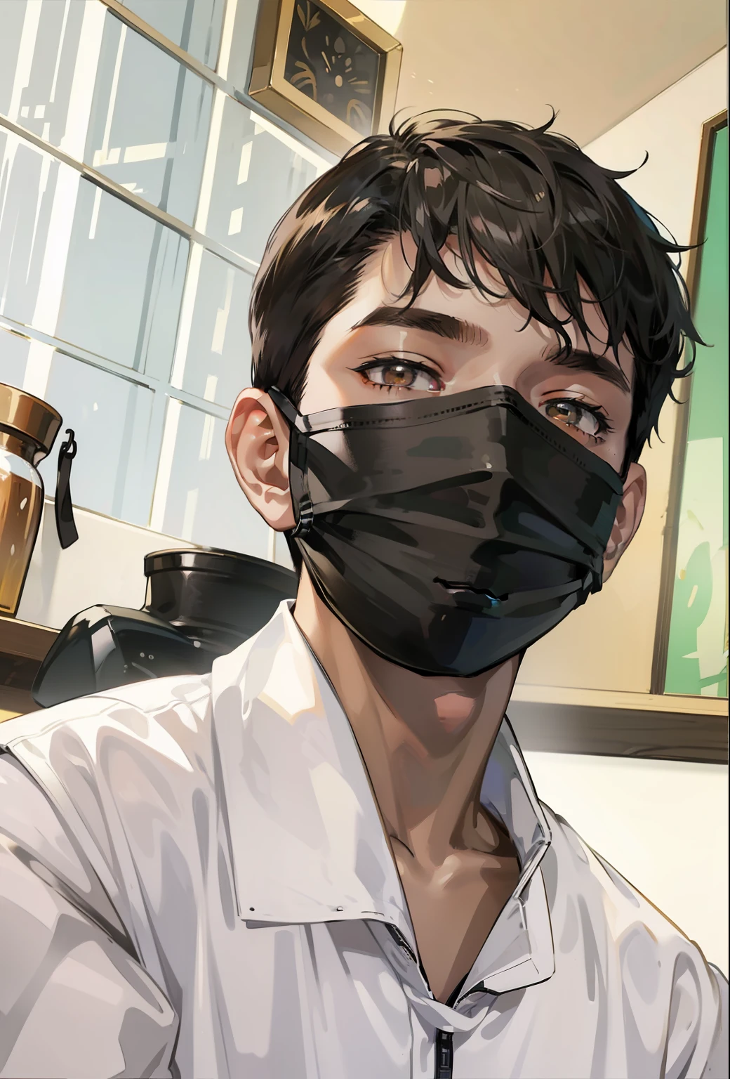 anime boy, ((brown skin)), black short straight hair, brown eyes, coy smirk, 18 year old, black face mask, black covid mask, mask, face mask, surgery mask, slim body, short, hair down, straight hair, bowl cut