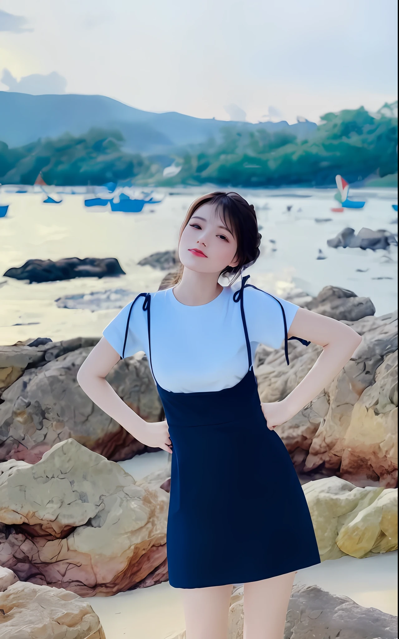 p The model lies on a fluffy white cloud, her hair and dress splayed around her, gazing at more clouds floating by. A bright blue sky provides the backdrop. She has a dreamy, whimsical expression on her face as she watches the clouds drift past. The overall composition has a fantasy, fairy tale quality with its bright colors and clouds.
(RAW photo, best quality),(realistic, photo-realistic:1.3), clean, masterpiece,finely detail,masterpiece,ultra-detailed,highres,(best illustration),(best shadow),intricate, bright light