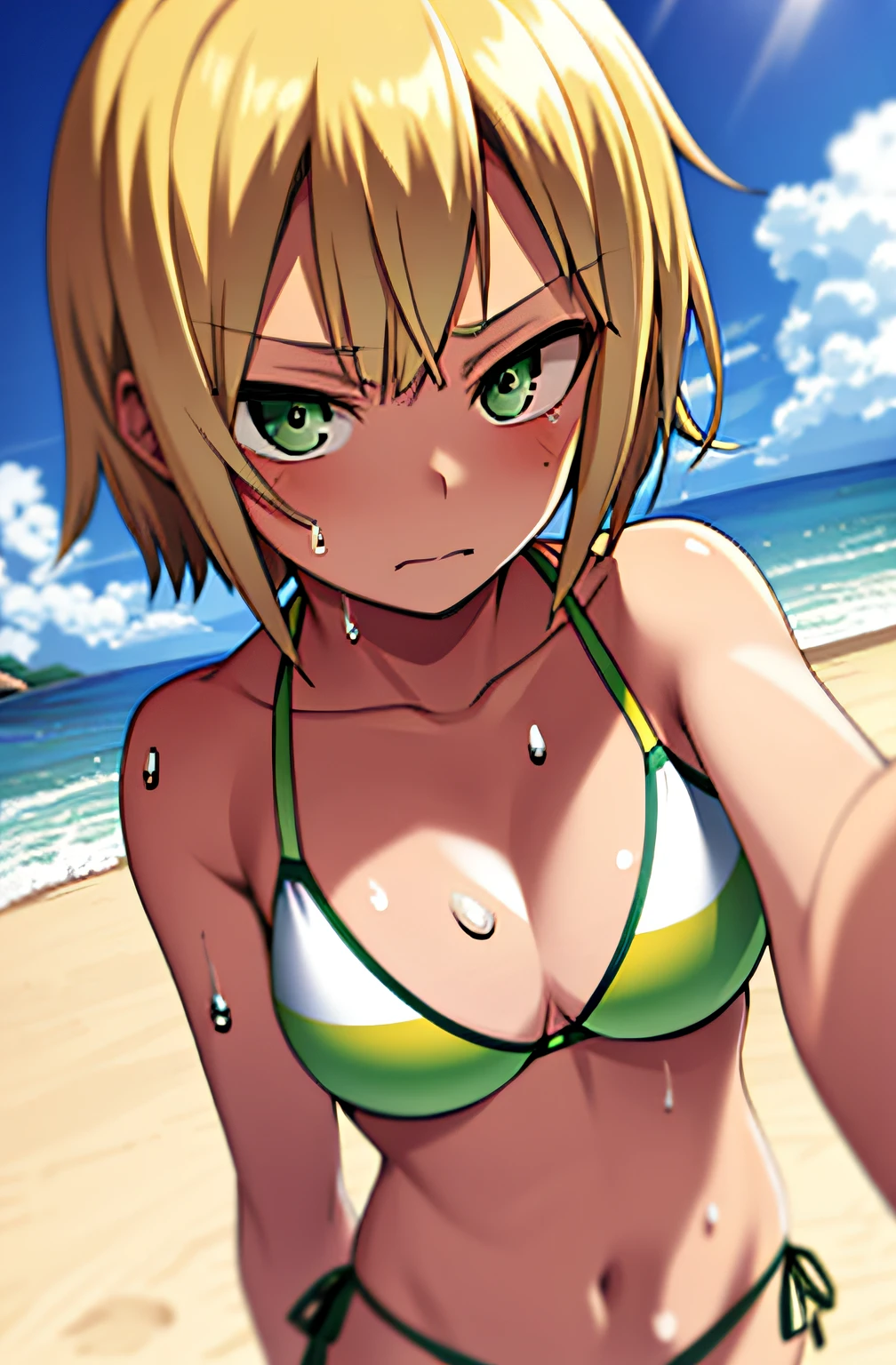 Tanaka Minami, 1girl, slim body, mid-sized tits, blonde hair, short hair, green eyes, blushing, looking directly, face, white bikini, perfect model body, sweat, in a beach setting