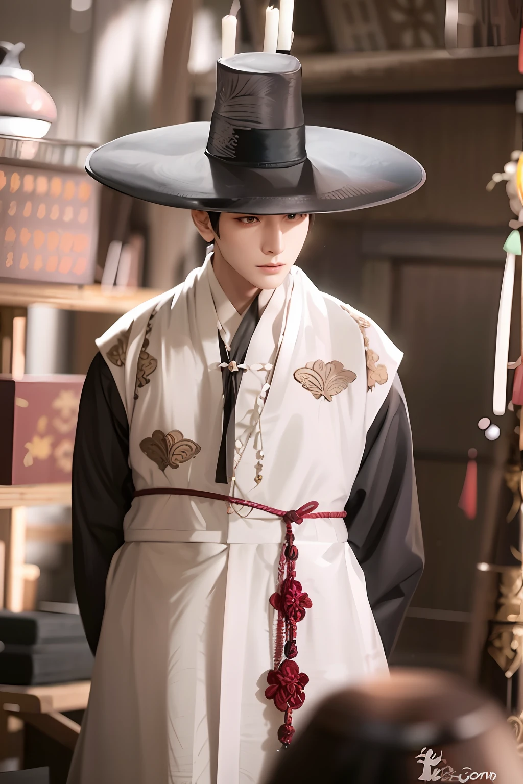 handsome man in a black hat and white dress with a black hat, inspired by Shin Saimdang, hanbok, siwoo kim, inspired by Zhang Han, korean hanbok, inspired by Yang Borun, inspired by Shin Yun-bok, traditional clothing, traditional clothes, look straight ahead, low angle