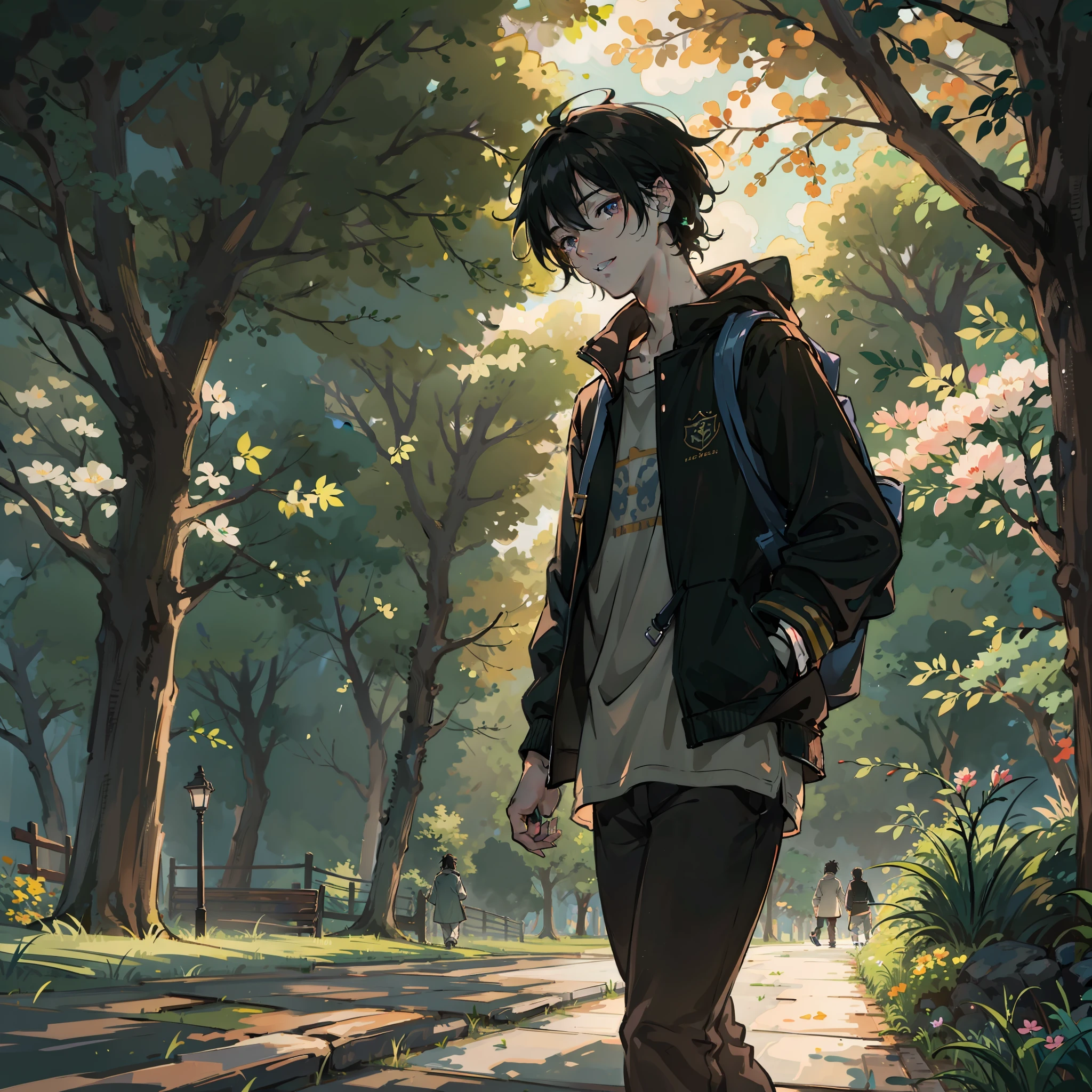in the early morning,A man walks in the park。, Black hair, stifled laugh, Anime, back lit lighting, 4K, High quality, Best quality