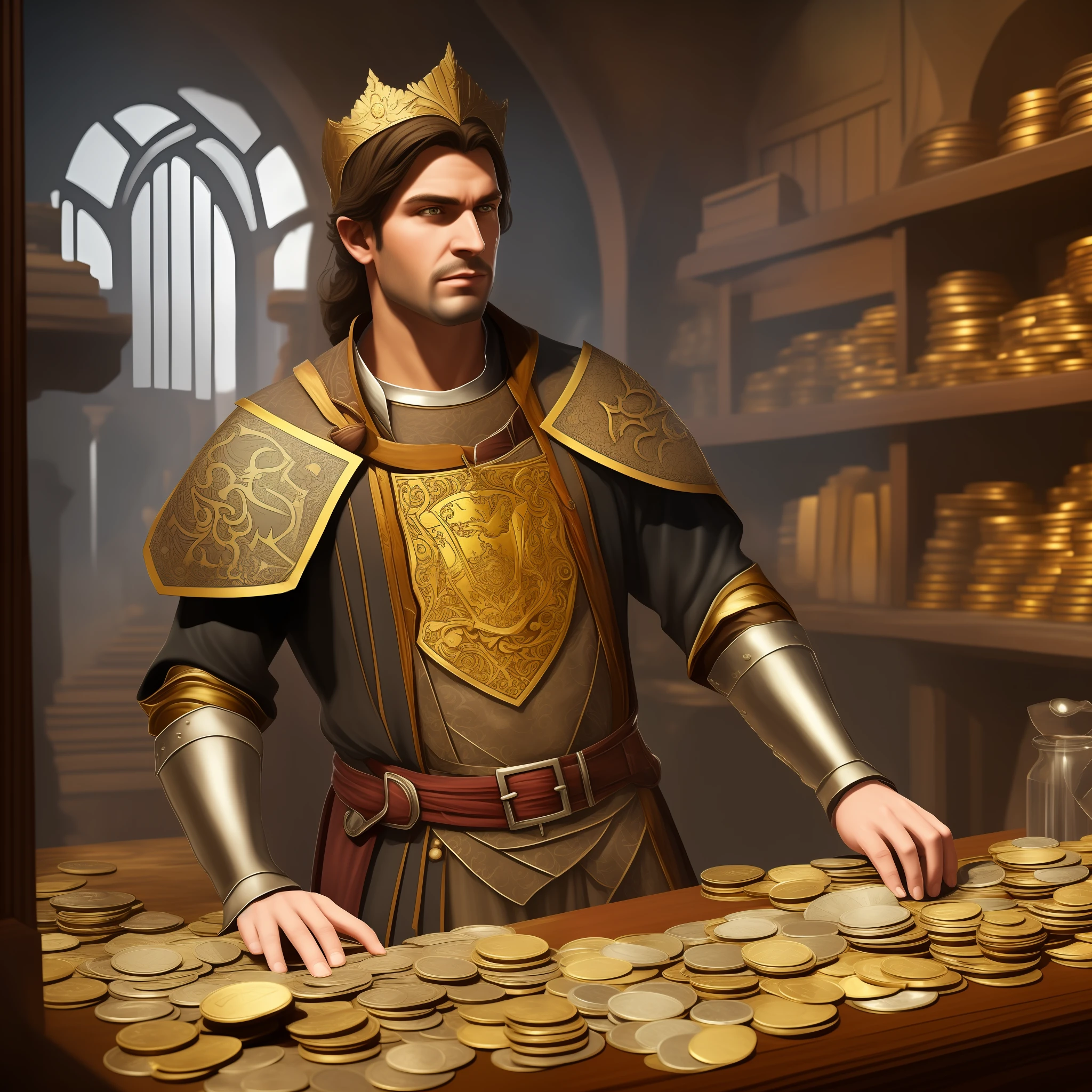 Realistic image, medieval fantasy genre. A medieval banker, behind a bank counter, on top of the counter has a cash register. In the background, the door of a large open vault, the place is full of precious stones, coins and gold bars. Fantasy genre. Medieval clothing, medieval times.