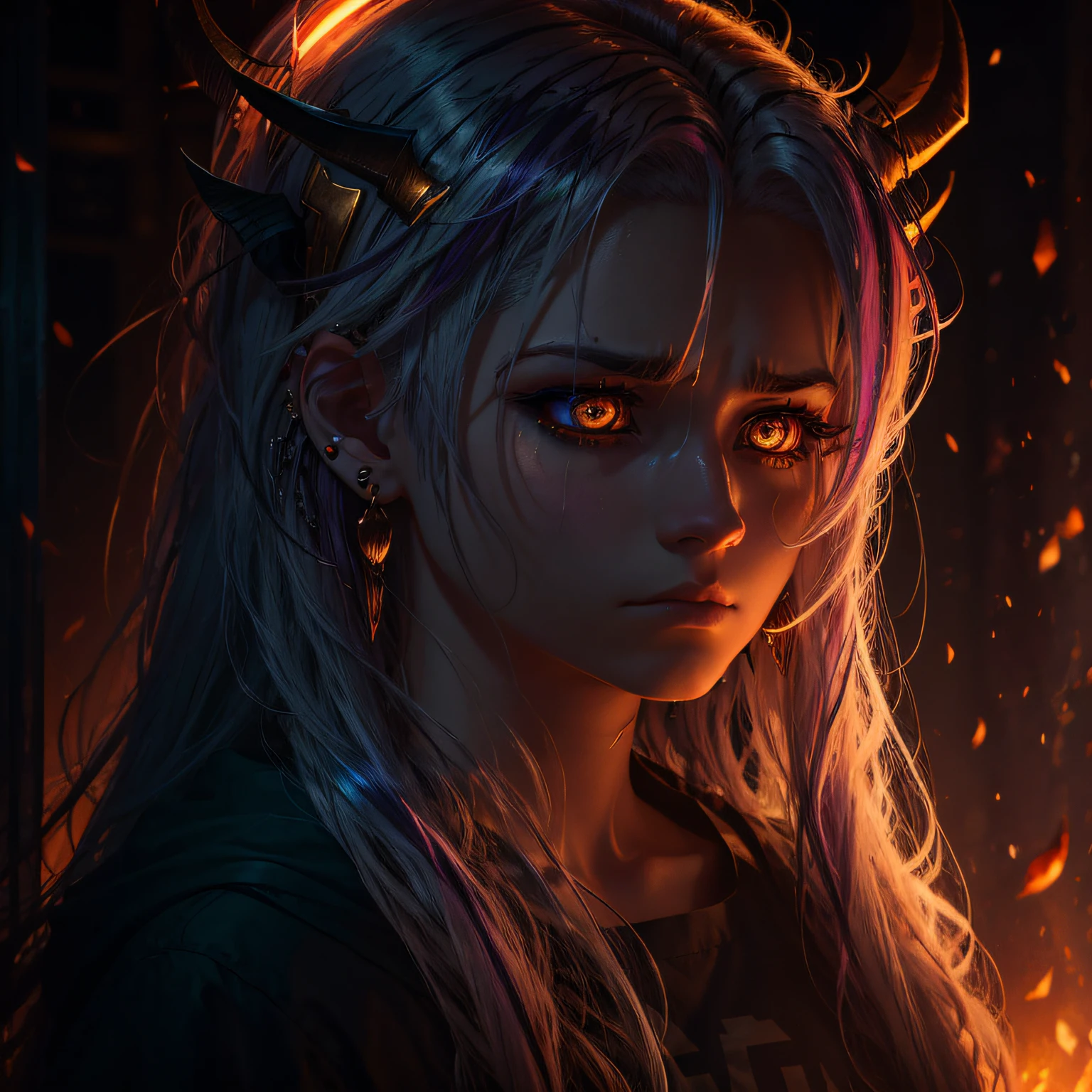 Striped hair, Gradient hair, Halo, devil horns, Empty eyes, Earrings, Sad, Cinematic lighting, Close-up, hyper HD ，Real Human