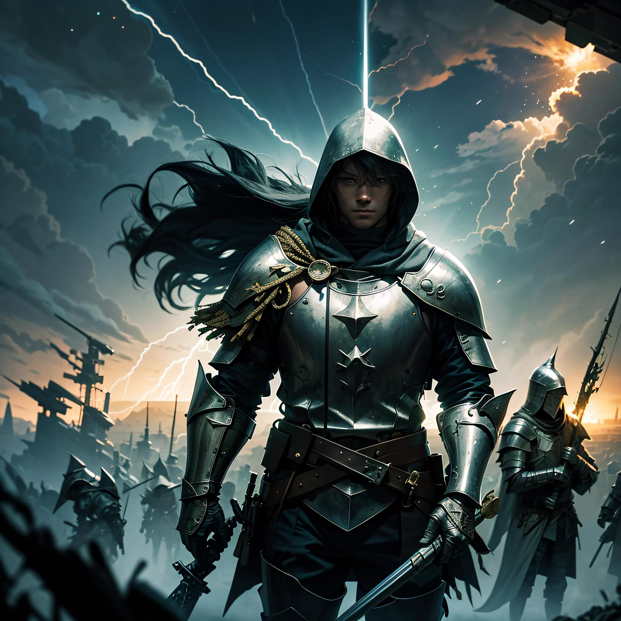 solo knight with his staff shooting lightning in his hands, 24 years old, no hood, 8k resolution, HDR11+ --auto